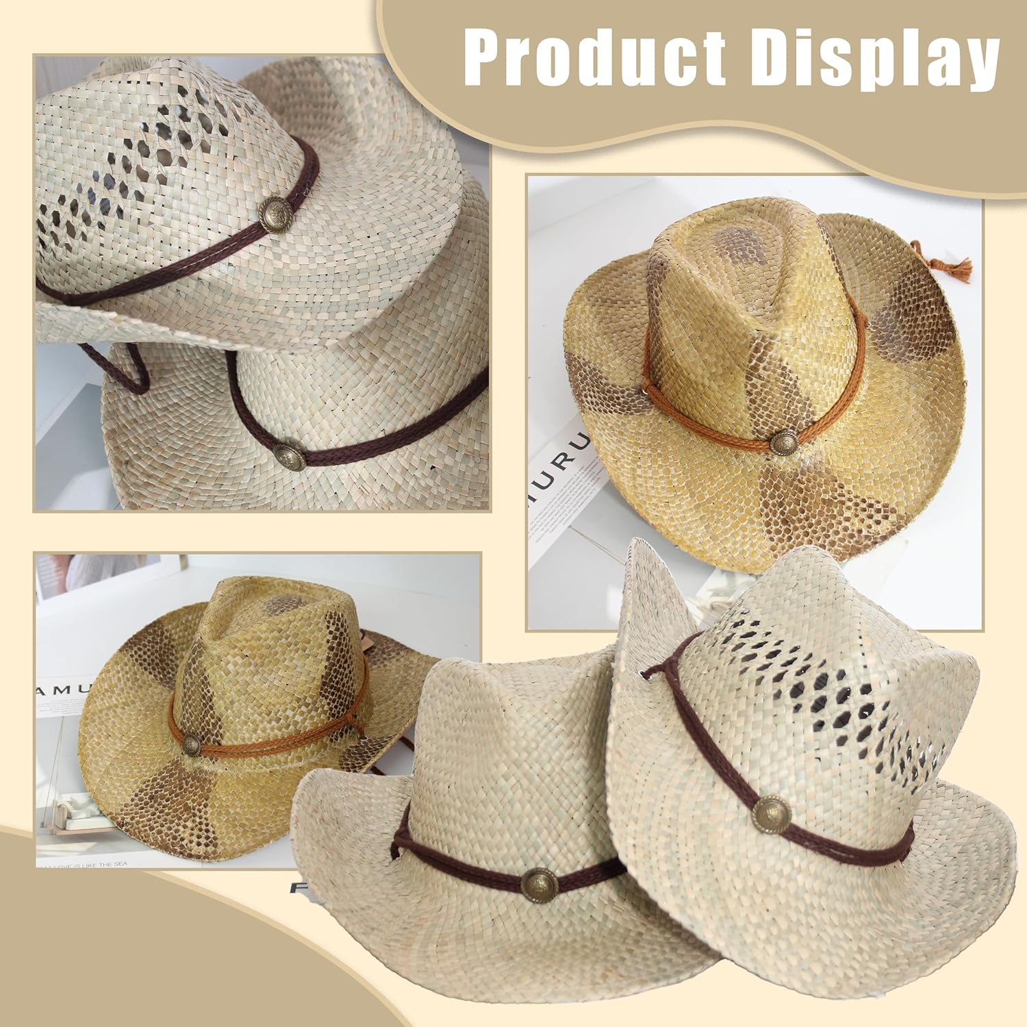 Wildarms Men’s Woven Straw Cowboy Hat Cowgirl Sun Beach Hat for Women Wide Brim Western Cowboy Hat with Decorative Bands - Image 4