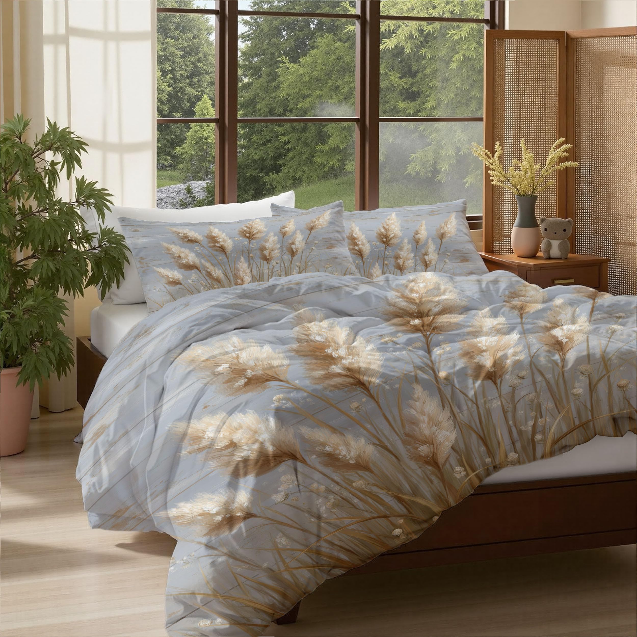 Housse de couette 220x240cm anti-monotonie réversible pour lit d'enfant motifs herbes rustiques