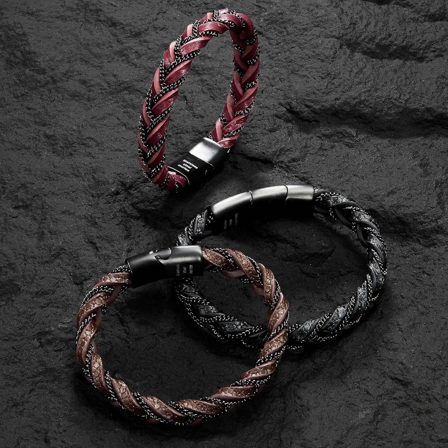 murtoo Mens Braided Leather Bracelet with Black Chain, Shackles of Freedom Bracelets for Men with Magnetic Clasp, Stylish Gift for Men (Wine Red, 8.5 inch)