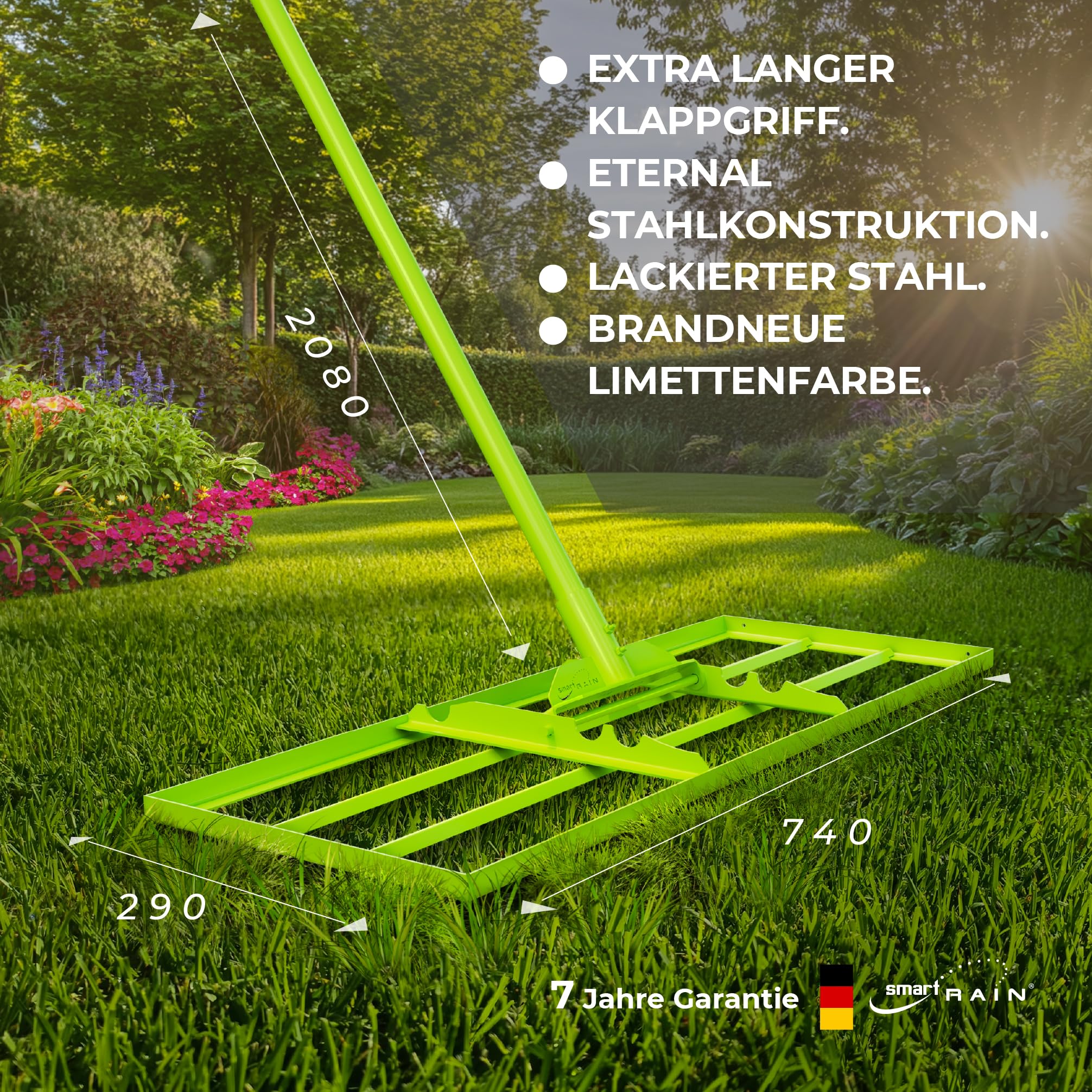 Werkzeuge für die Rasenpflege – Smart Rain Rakel für Rasen aus hochwertigem pulverbeschichtetem Stahl, Rasen-Nivellierrechen für Garten, Golfplatz, Rasenharke 74 x 29 cm mit über 2 m Stiel