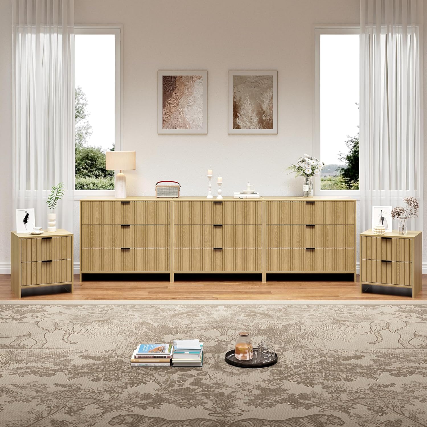 BVIUNTWO Fluted Dresser and Nightstand Sets, 5 Piece Bedroom Set, Modern Dresser & Chest of Drawers with 9 Drawers, Set of 2 Nightstands End Table, Natural Oak