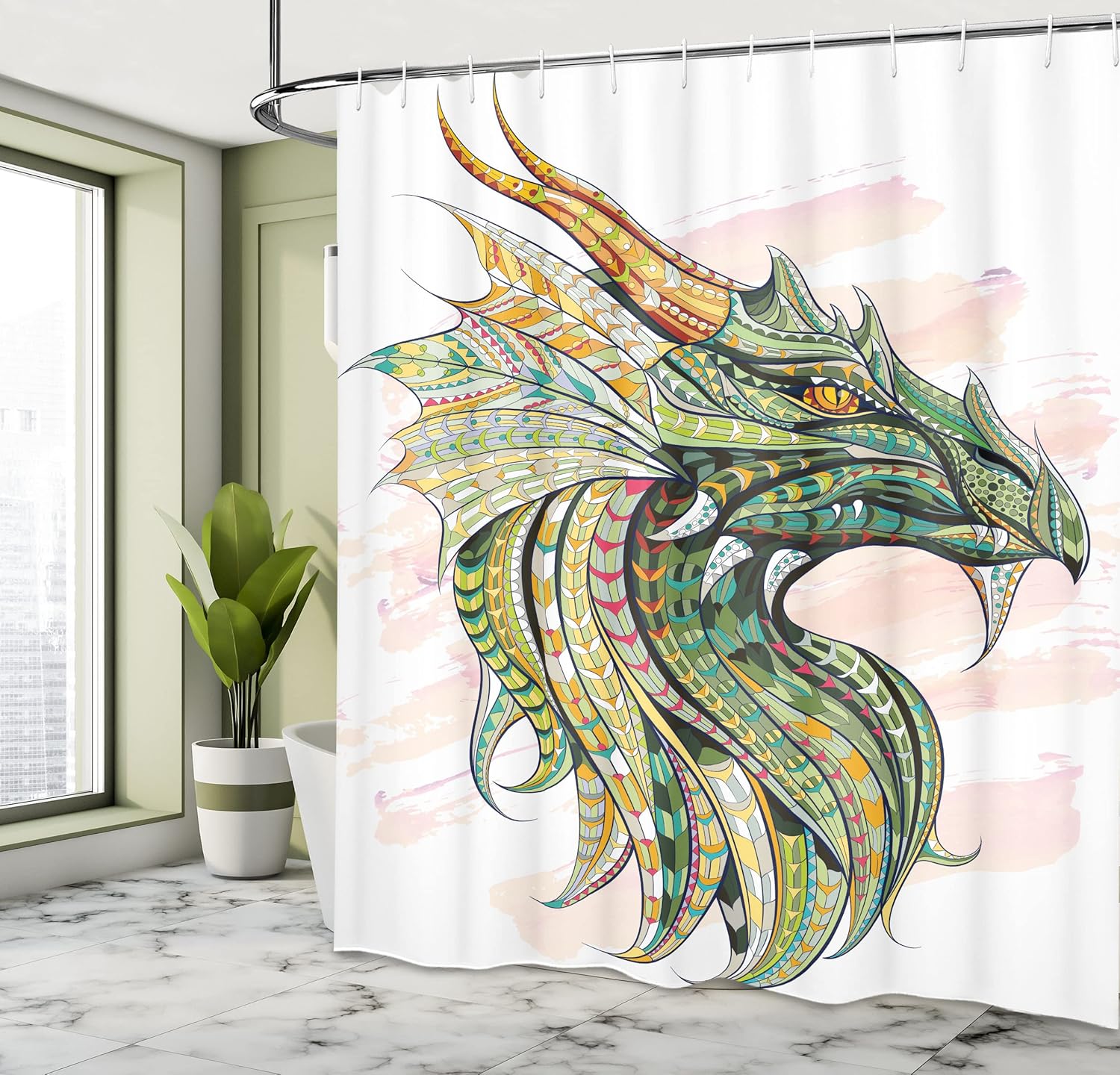 Ambesonne Celtic Shower Curtain, Head of Dragon Ornate Effects on Grunge Backdrop Mythical Illustration, Cloth Fabric Bathroom Decor Set with Hooks, 69" W x 75" L, White Blush Jade Green