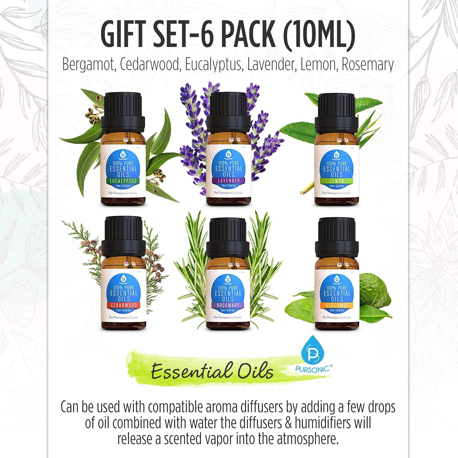 Pursonic 100% Pure Essential Aromatherapy Oils Gift Set-6 Pack, 10ML(Bergamot, Cedarwood, Eucalyptus, Lavender, Lemon, Rosemary.)
