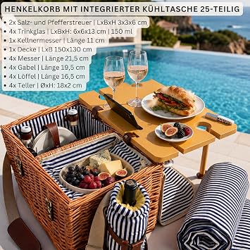 SINGER Borkum Picnic Basket 25-Piece Set for 4 People Large Picnic Basket with Integrated Table Cool Bag Picnic Blanket & Tableware Complete Set