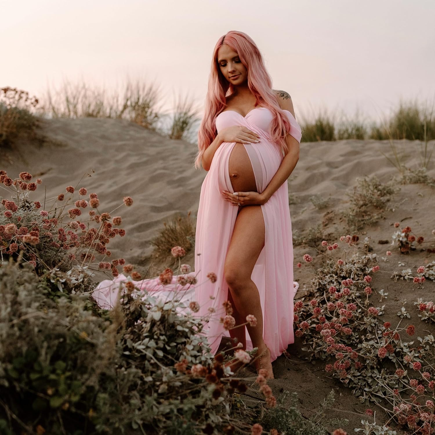 ZIUMUDY Maternity Dress for Photoshoot Photography Split Front Sheer Chiffon Off Shoulder Maternity Gown