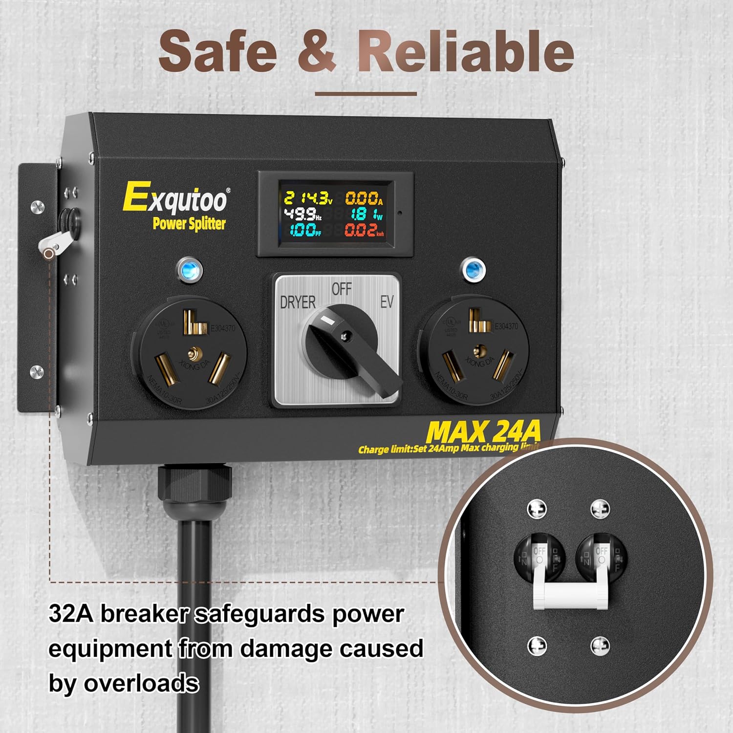 Exqutoo Manual Splitter Switch with Metal Enclosure, NEMA 10-30P to 2 NEMA 10-30R Knob Selection Charging Switch with Breaker, Heavy-Duty for EVs, Ovens, Dishwashers, 120/240VAC