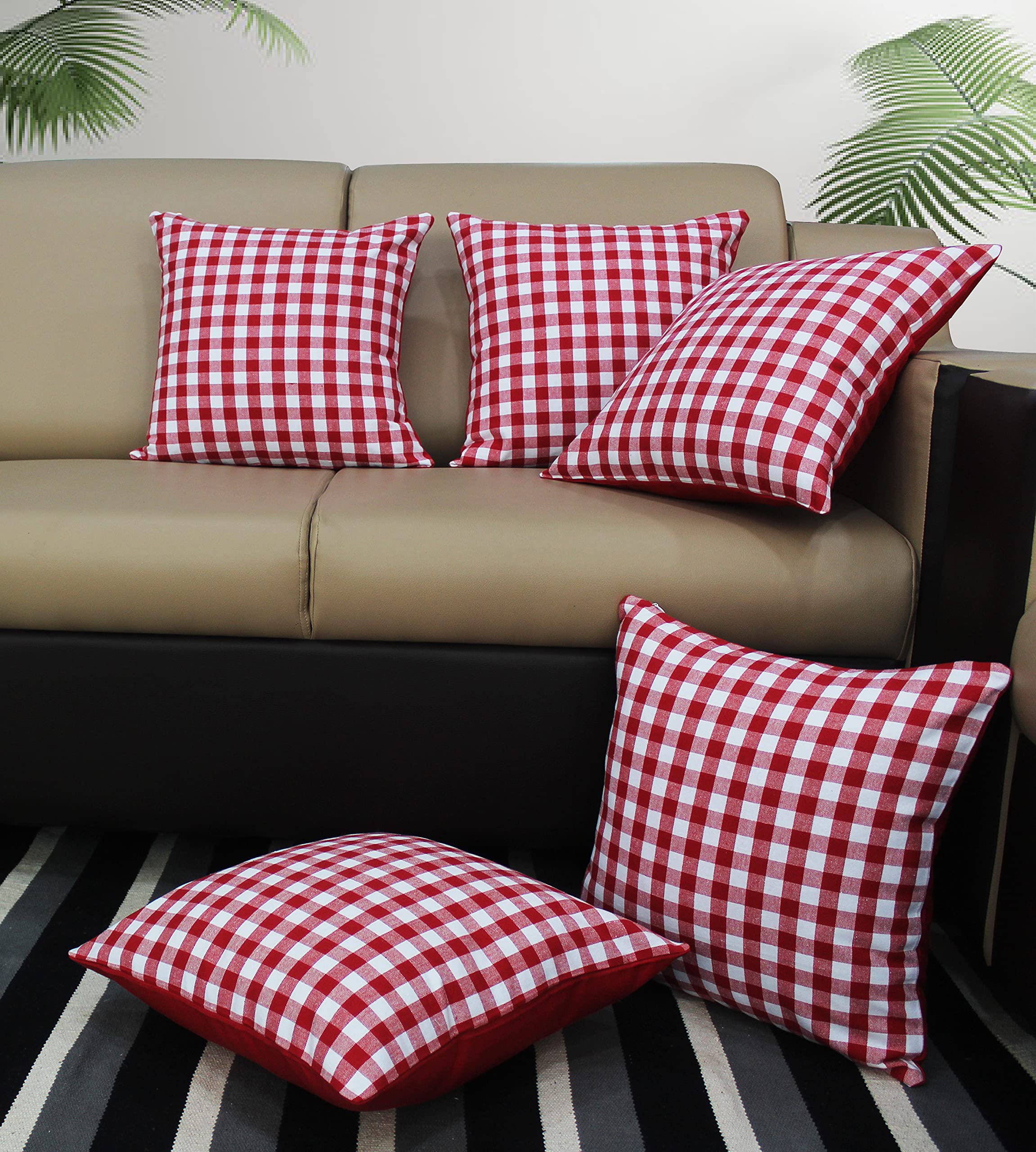 AIRWILL Cotton Gingham Check Red Themed Cushion Covers for Cushions & Pillows (Red & White, Pack of 5)-image-39