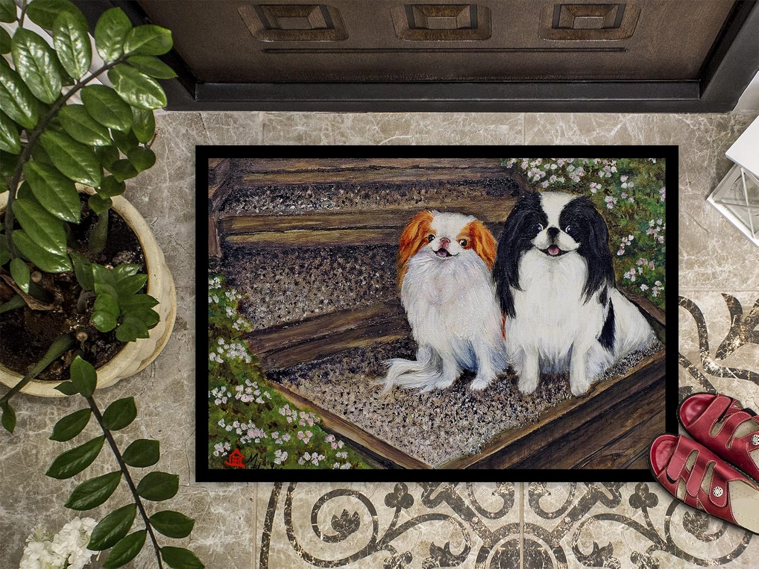 Caroline's Treasures MH1047JMAT Japanese Chin Daddy's Girls Doormat 24x36 Front Door Mat Indoor Outdoor Rugs for Entryway, Non Slip Washable Low Pile, 24H X 36W