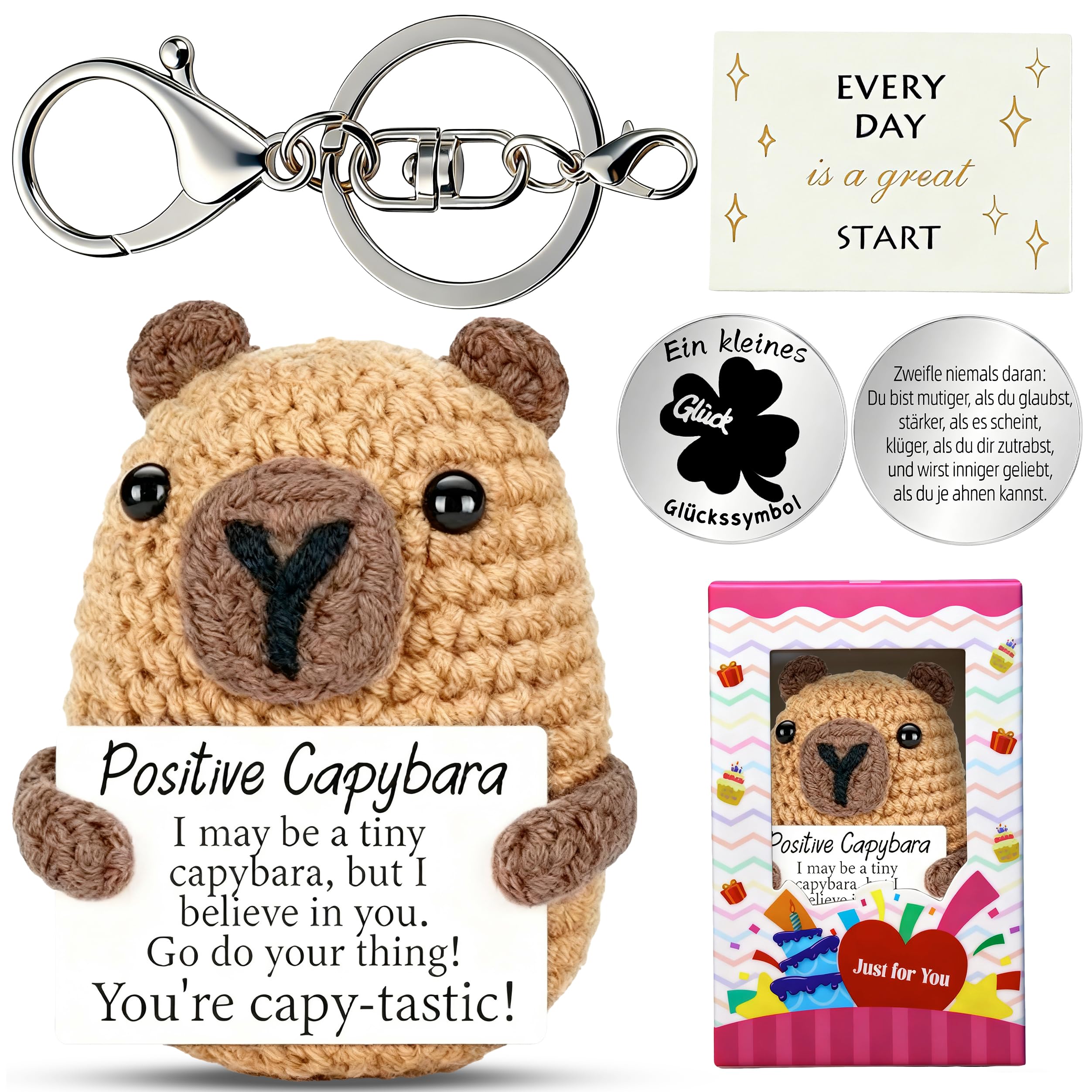 Pocket Hug Capybara, Valentinstag Geburtstagsgeschenk für Frauen, Positive Capybara Plüschtier mit Schlüsselanhänger, Card and Glücksbringer Münze für Frauen,Teen Geburtstag, Muttertag, Abschluss