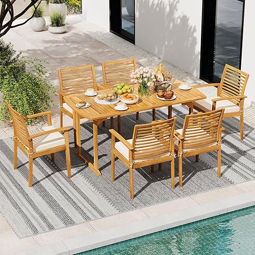 Miniatura 7 de Tangkula Sillas de comedor para patio, sillones de madera de acacia al aire libre con cojín acolchado extraíble, respaldo de listones, capacidad de