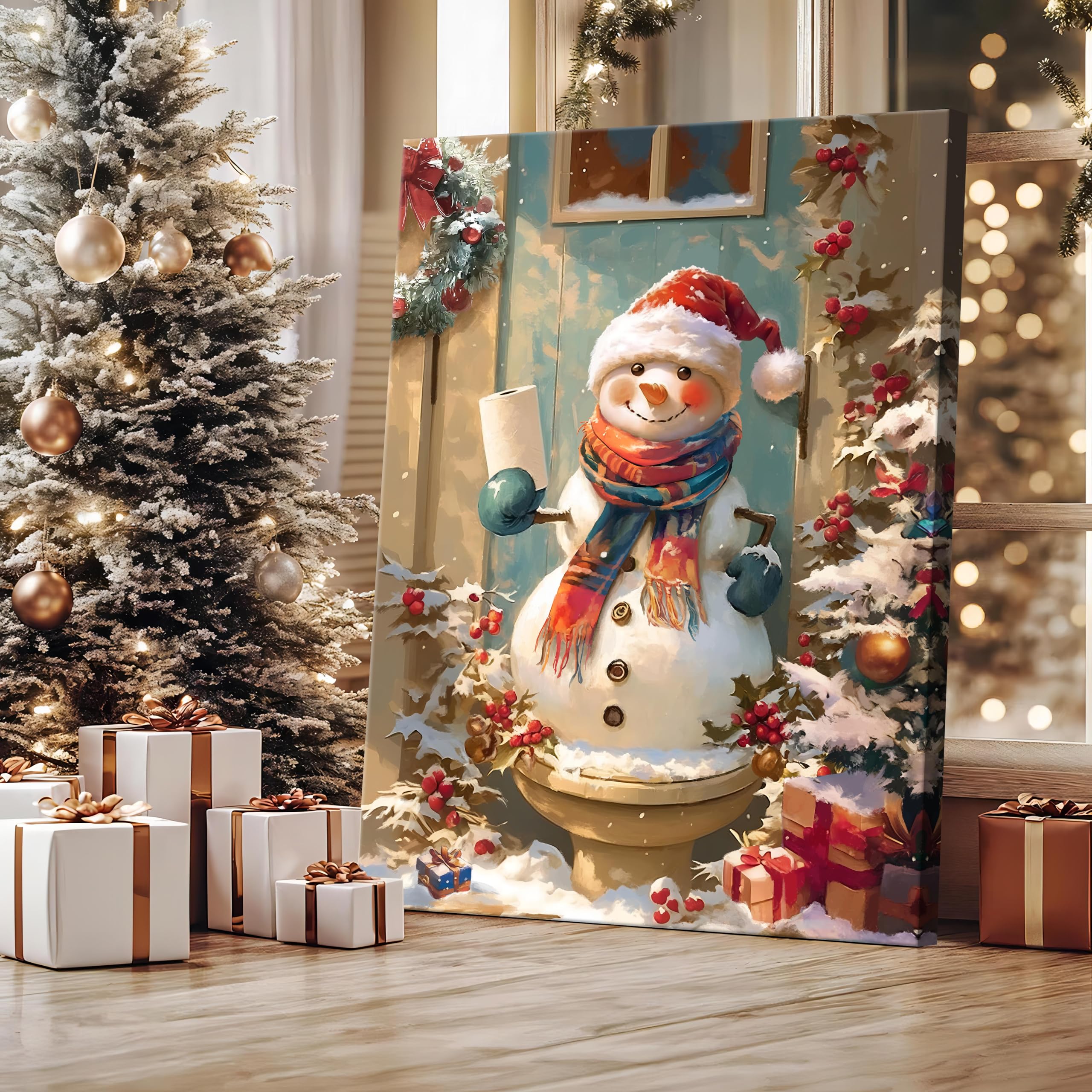 Red Christmas Snowman in Hat Scarf Canvas Wall Art - Image 4