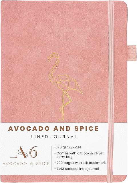 Notebook A6 Pink Notebook by Avocado and Spice®  A6 Small Notebooks - Pink Flamingo Cute Notebook - Bookmark, Elastic Strap, Pen Holder, 200 Thick Pages with Gift Box & Velvet Bag (Pink, Lined)