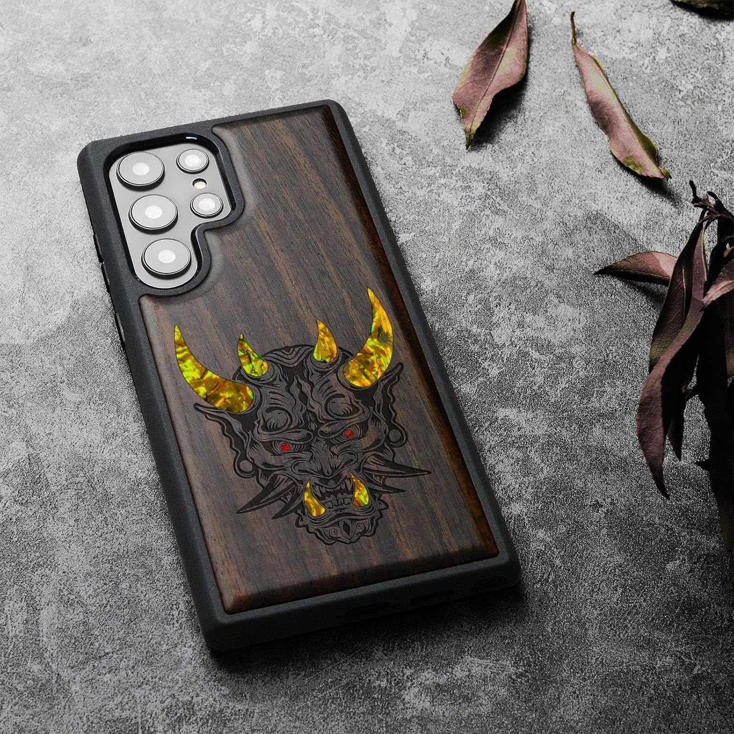 Carveit Designer Wooden Case for Samsung Galaxy S24 Ultra Case [Wood Engraving & Shell Inlay] Compatible with Wireless Chargers S24 Ultra Cover (Japanese Oni Mask-Blackwood)