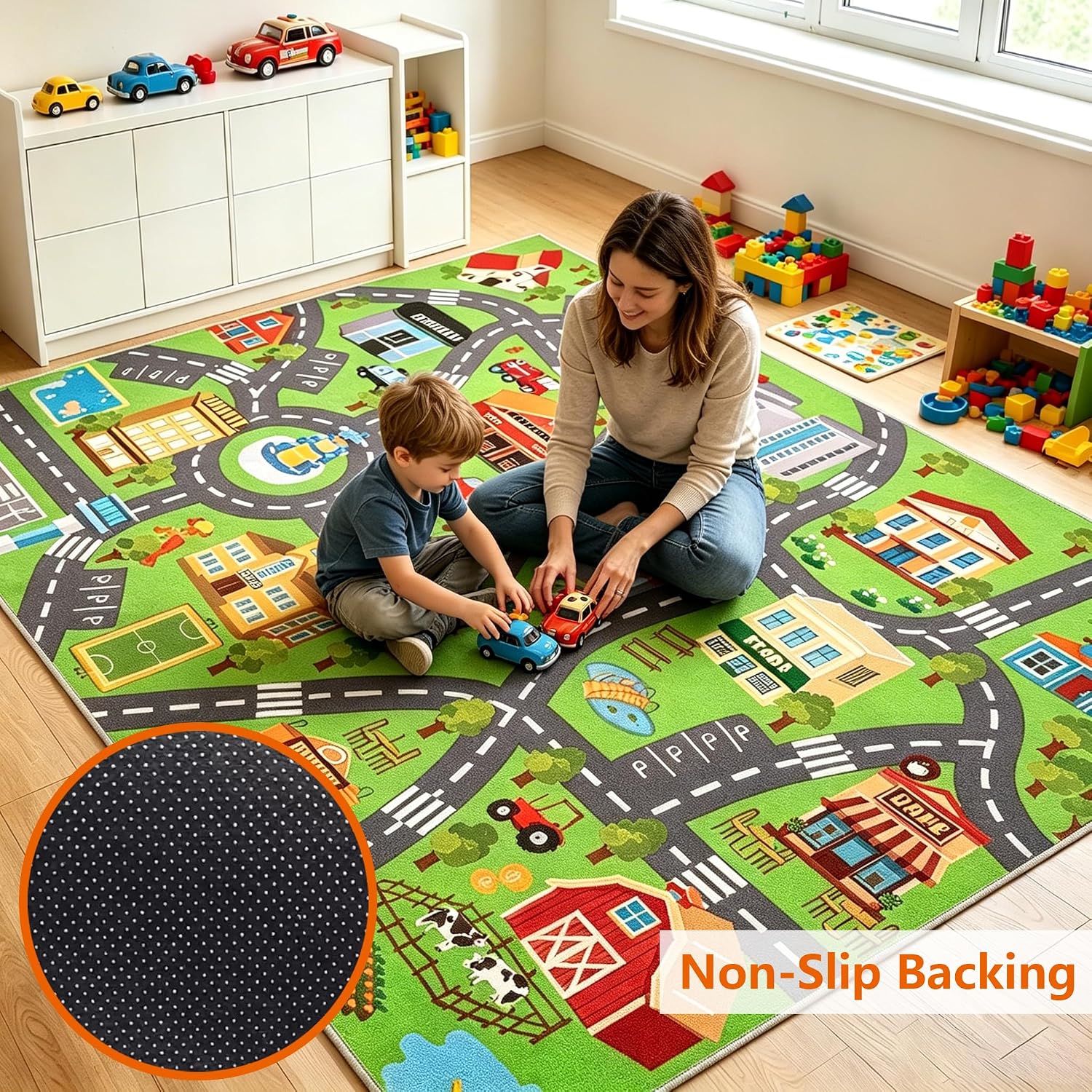Green Kids City Road Play Rug, 59" x 35.4" Town Map Carpet | Non-slip & Washable Surface; Car Game Mat for Playroom, Bedroom and Nursery