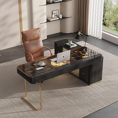 Escritorio de oficina de lujo de 71 pulgadas, escritorio para computadora, escritorio ejecutivo en forma de L, tomas de corriente integradas, mesa