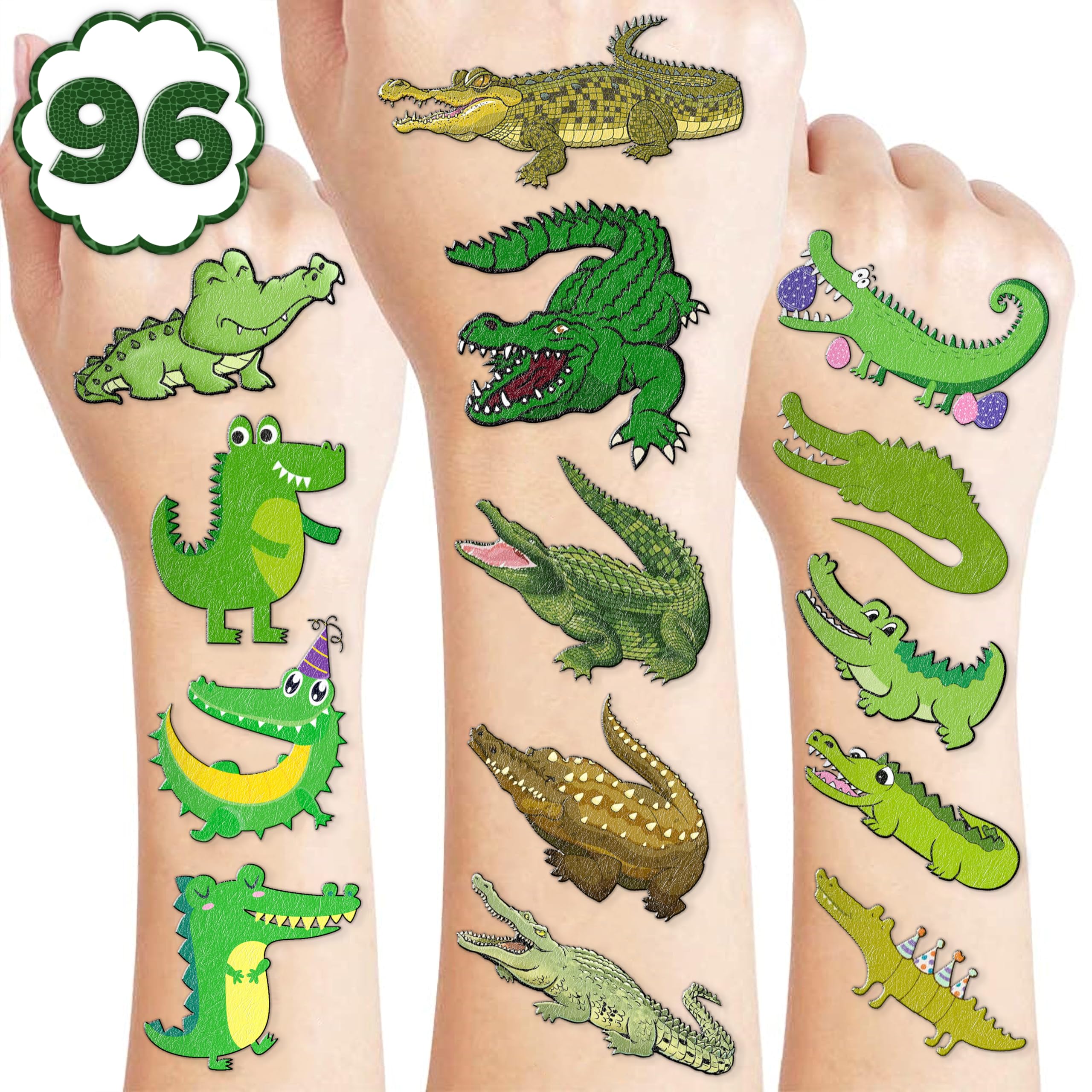 96 PCS Alligator Pre-Cut Temporary Tattoos Birthday Party Decorations Supplies Favors Alligator Crocodile Animal Decor Stickers Girls Boys Gift School Prizes Rewards