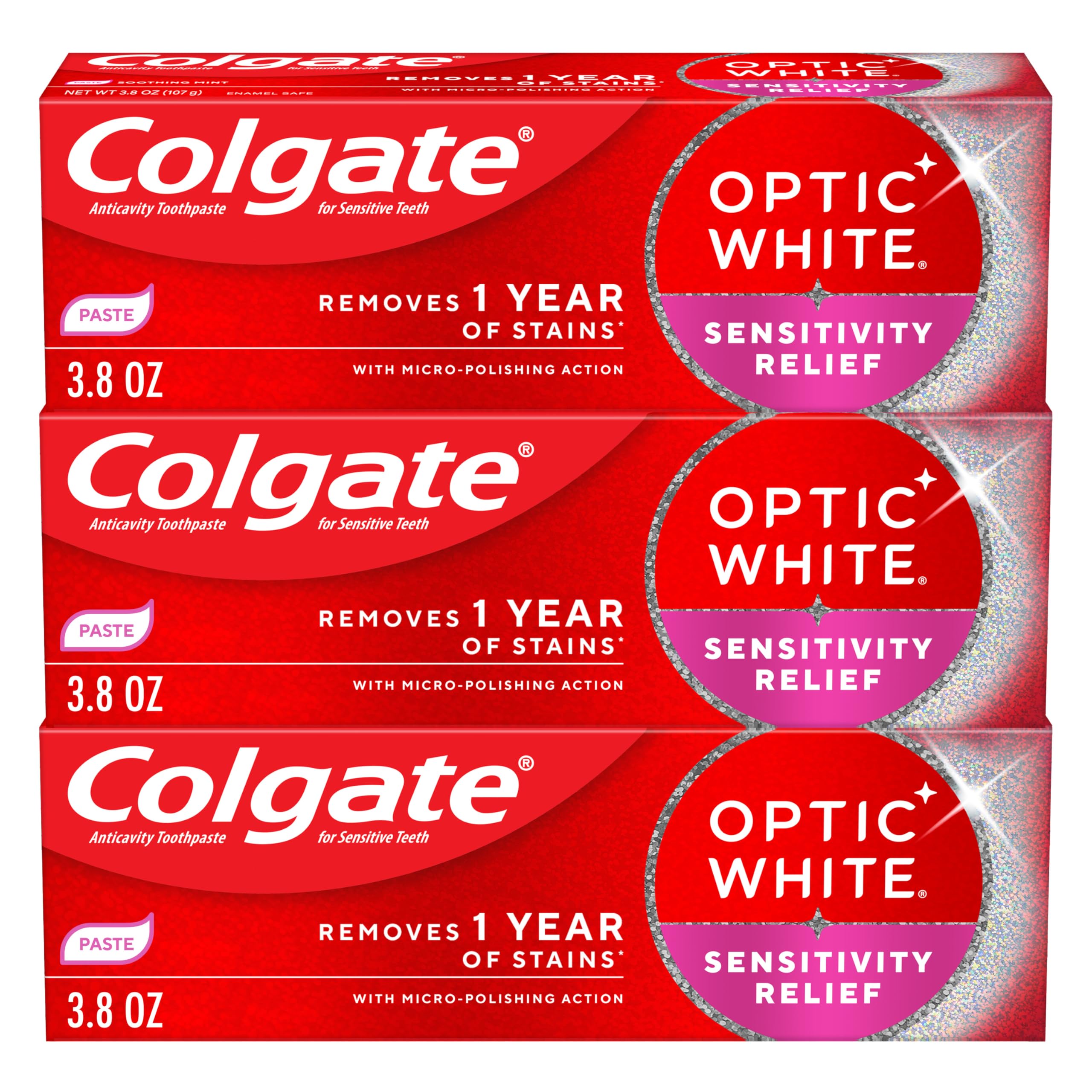 Colgate Optic White Sensitivity Relief Whitening Toothpaste, 3 Pack, 3.8oz | Teeth Whitening Toothpaste for Sensitive Teeth, Helps Remove 1 Year of Stains, Enamel Safe, Fluoride Formulated, Mint Flavor