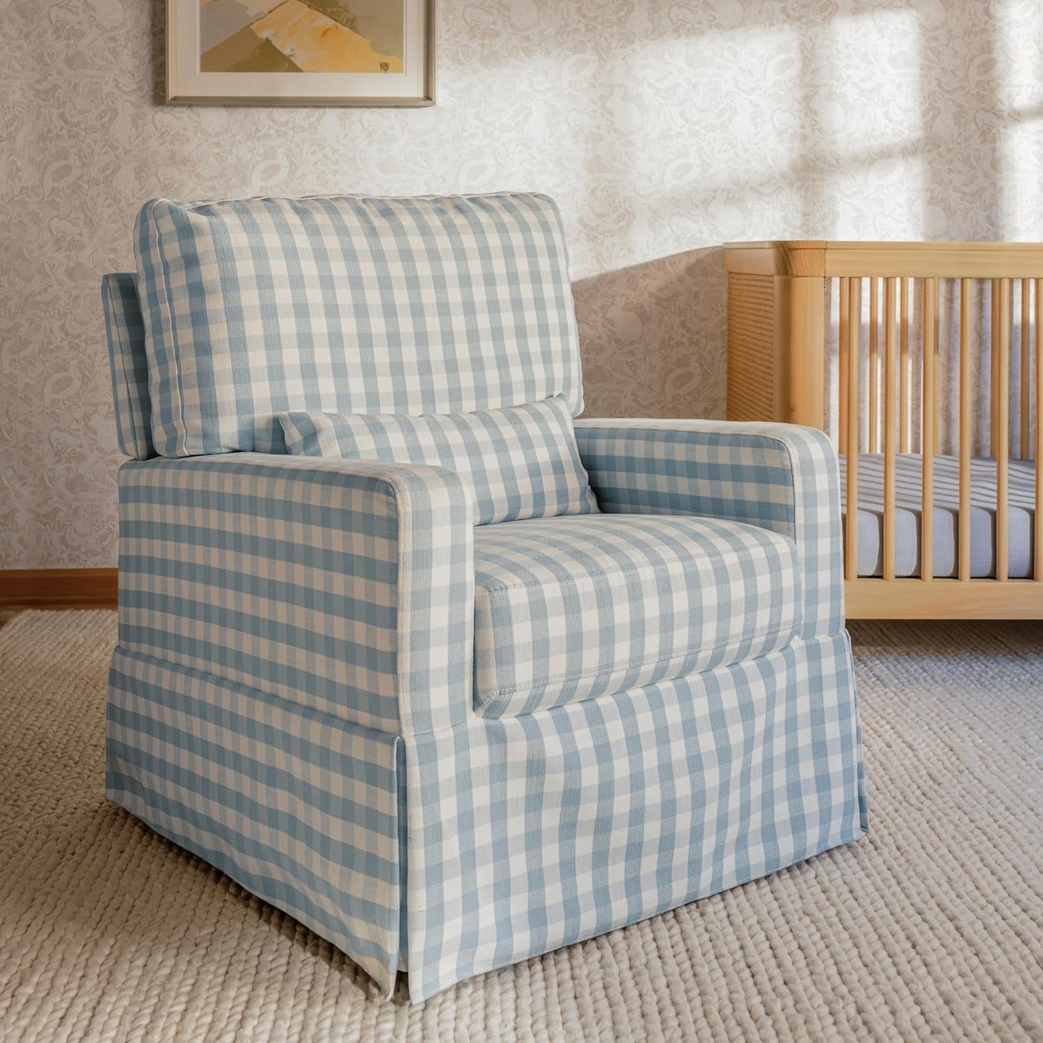 NAMESAKE Crawford Pillowback Comfort Swivel Glider in Blue Gingham, Greenguard Gold & CertiPUR-US Certified