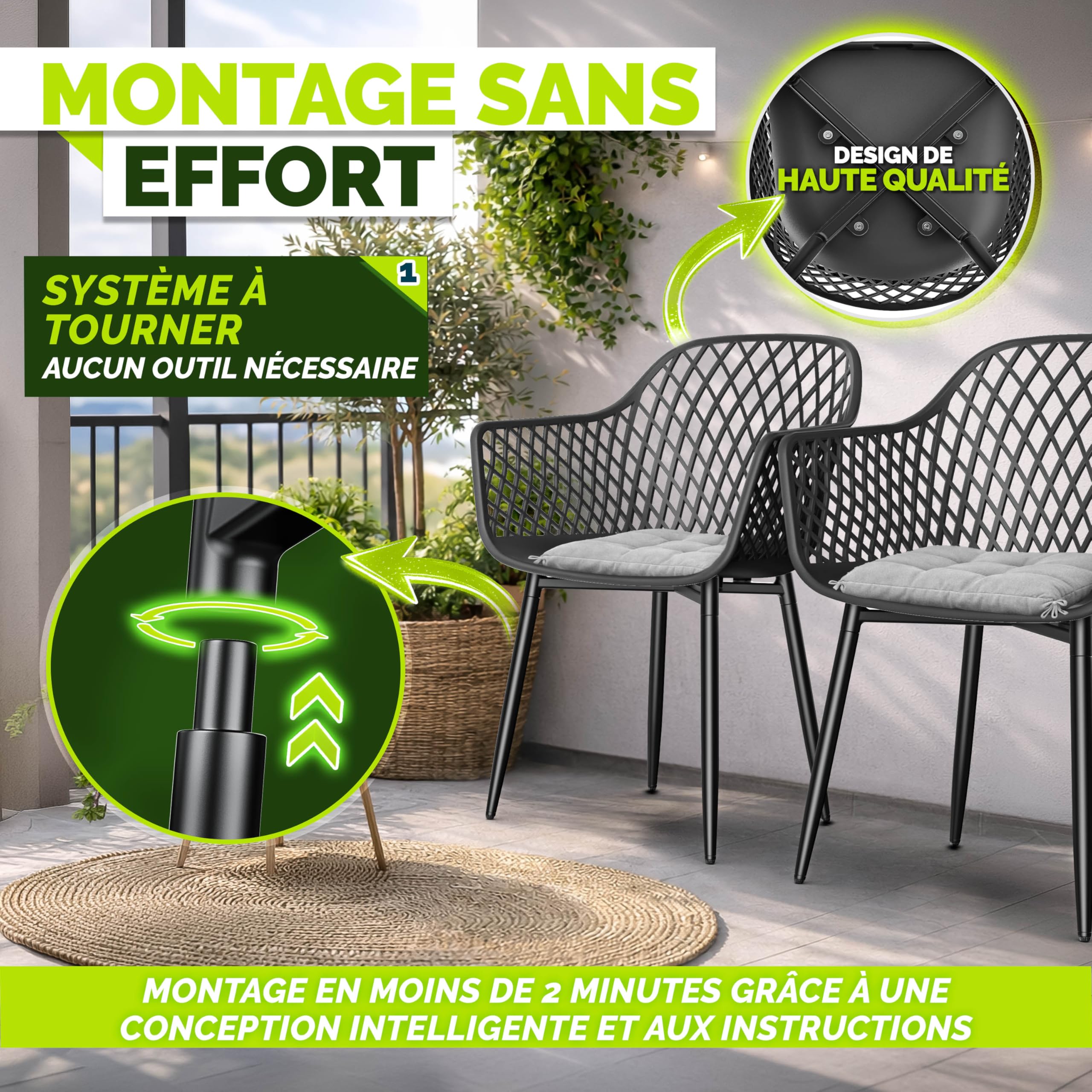 tillvex Lot de 6 chaises de jardin, résistantes aux intempéries, avec accoudoirs, charge maximale : 120 kg, résistantes aux UV, pour terrasse, balcon, extérieur, jardin