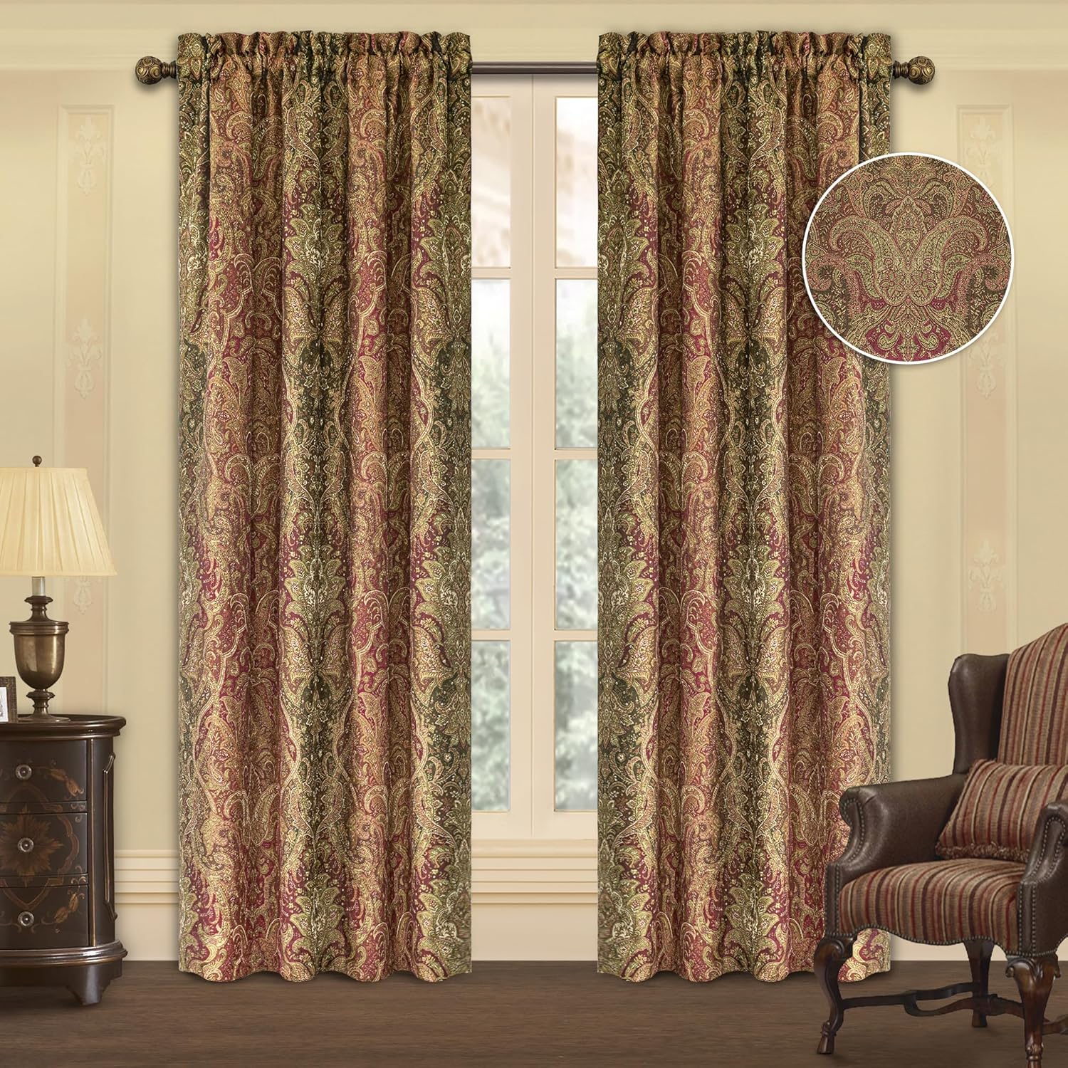 Loom and Mill Vintage Blackout Window Curtain Panels for Bedroom Living Room, Luxury Traditional Curtains 84 inches Long with Lining and Matching Tiebacks, Rod Pocket, (2 Panels, 52x84)