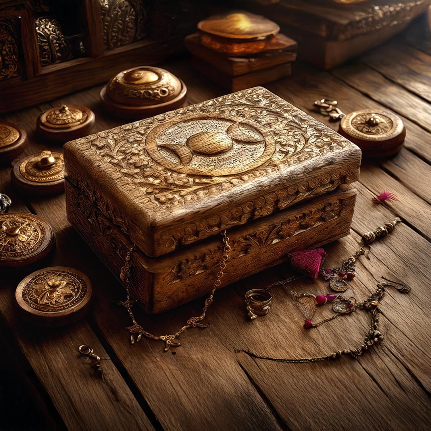Hand Carved Wooden Jewelry Keepsake Trinket Storage Box Organizer Holder with Floral Carvings on Top Handmade Box for Girl Women