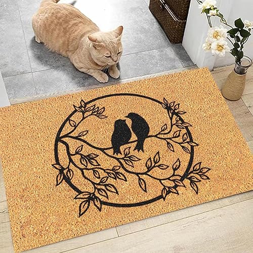 Miniatura 4 de Tapete de entrada, tapetes para puerta de entrada al aire libre, ramas y hojas, un par de estampados de pájaros, tapetes clásicos marrones para