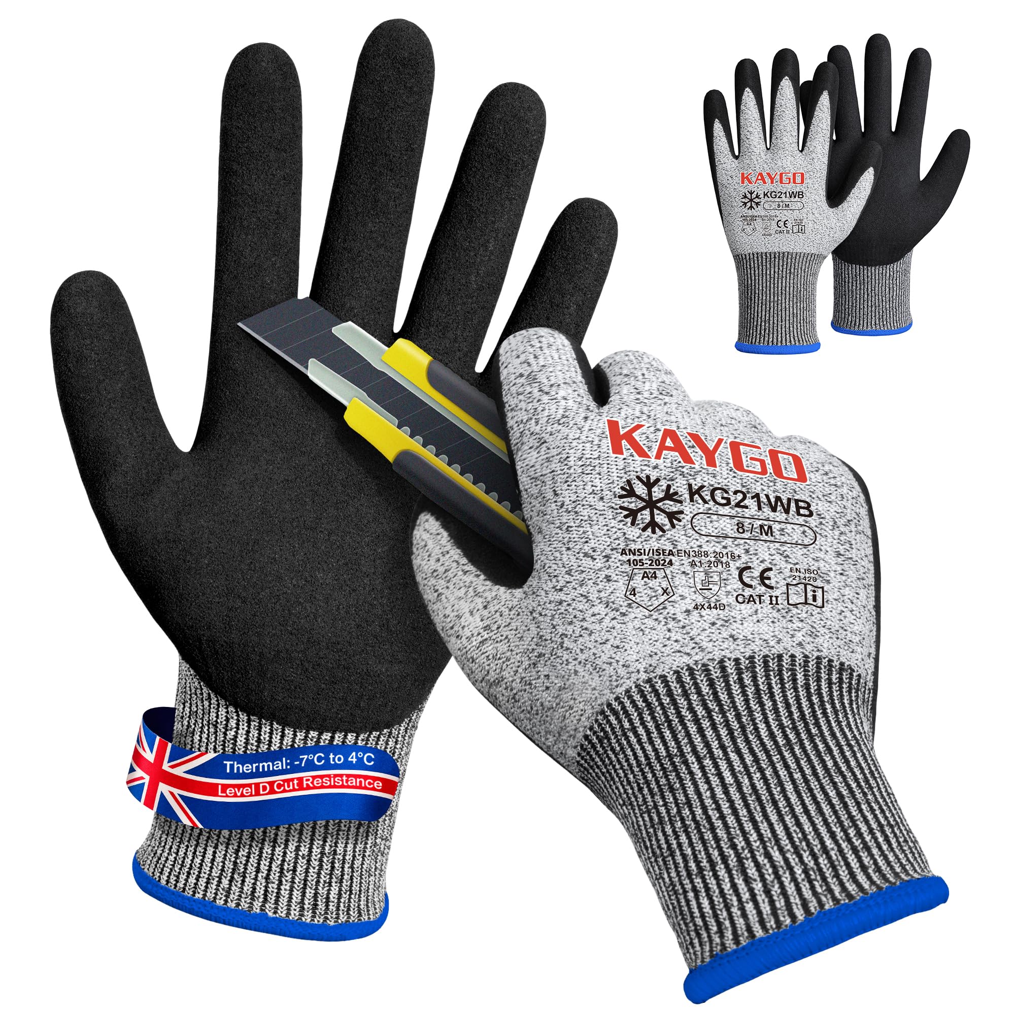 KAYGO Thermal Safety Work Gloves Sandy Nitrile Coated 2 Pairs, KG21W
