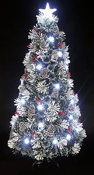 4 Foot Small Snowy White Pine Pre-lit Flocked Christmas Tree Fiber Optic Pre-lit with Cool White LED Lights 4ft