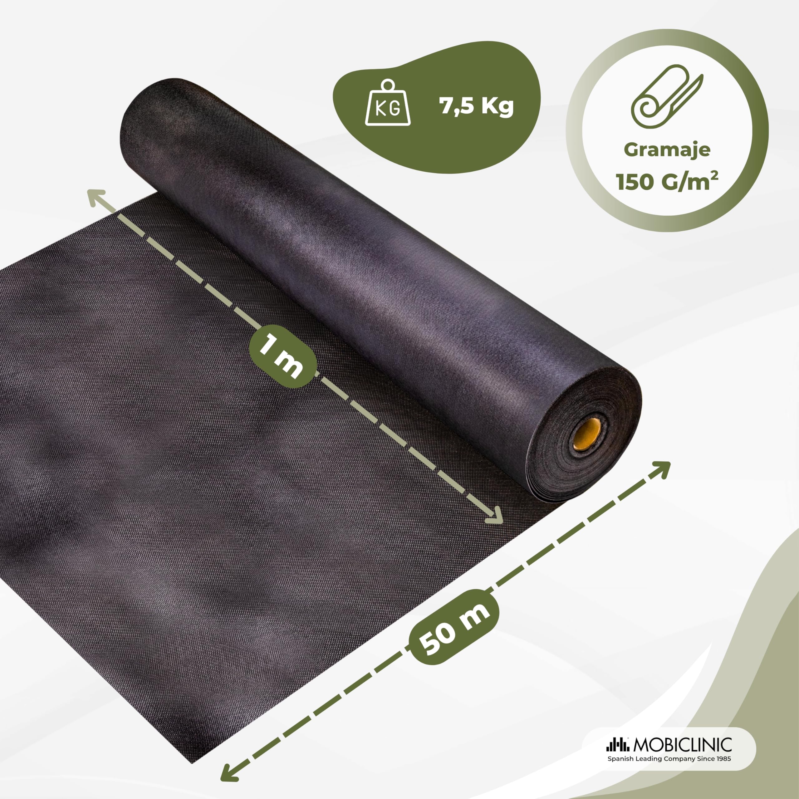 Mobiclinic®, Malla Antihierbas, 150 g/m² Alto Gramaje, 1x50 m, Geotextil, Resistente a Rayos UV y Desgarros, Malla Antimaleza, Permeable al Agua, Transpirable, Jardín e Invernadero, HerbStop