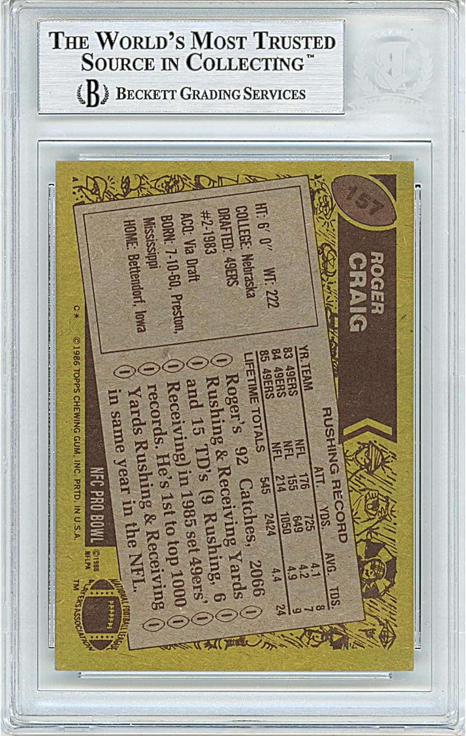 Roger Craig Autographed 1986 Topps #157 Football Card Slabbed Beckett BAS Authentic Slab COA Played For San Francisco 49ers NFL