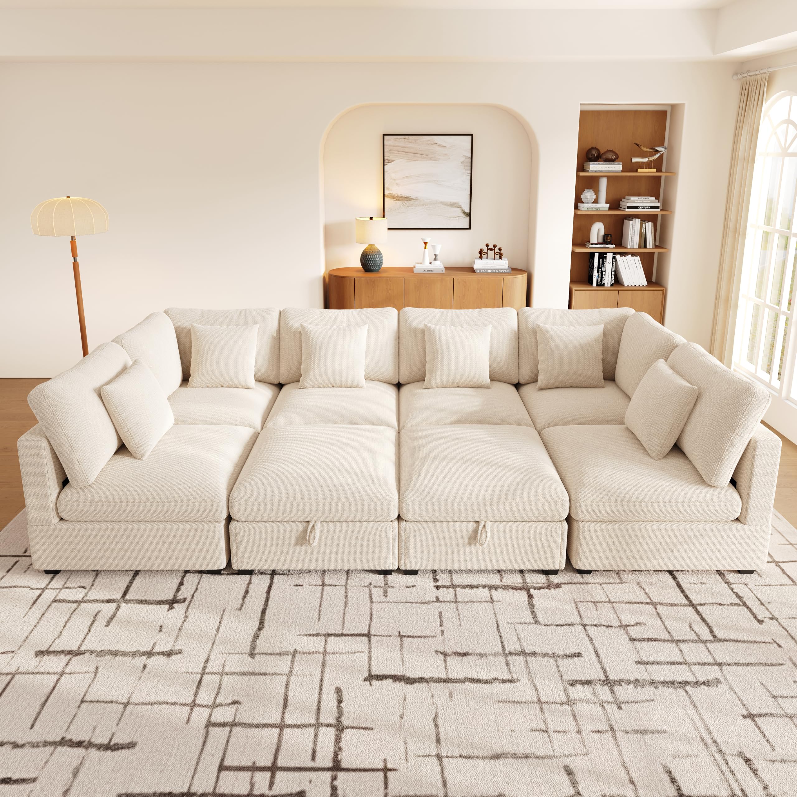 XXL U‑förmiges Ecksofa, 8‑Sitzer Modulsofa mit Schlaffunktion; mit 2 beweglichen Fußhockern mit Stauraum und Armlehnen‑Seitentaschen; inkl. 6 Dekokissen; Chenille‑ und Waffelstruktur‑Stoff (Beige) Küche, Haushalt & Wohnen