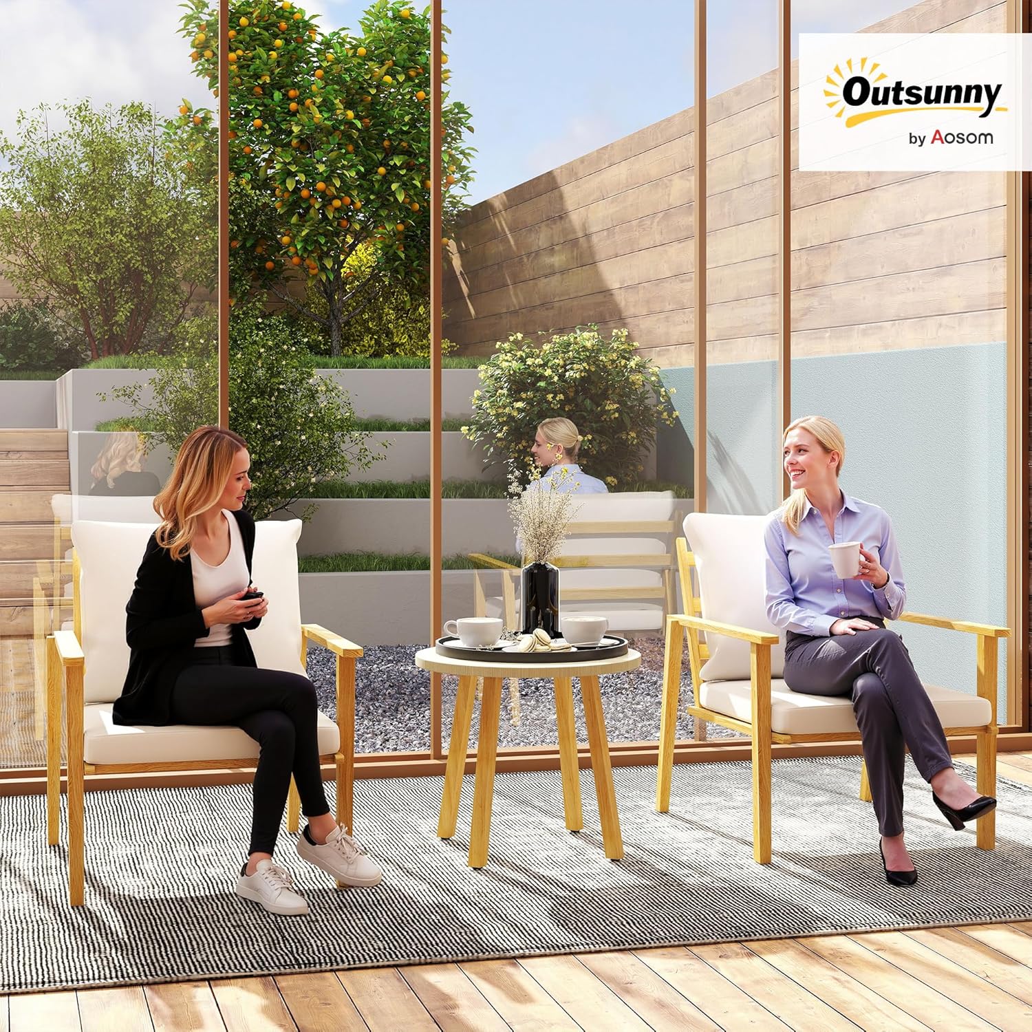 Outsunny Outdoor Bistro Set, 3 Piece Patio Set, Wood Effect Steel Round Table and Chairs with Wide and Deep Seat, Small Conversation Patio Furniture with Cushions for Backyard, Porch, Cream White