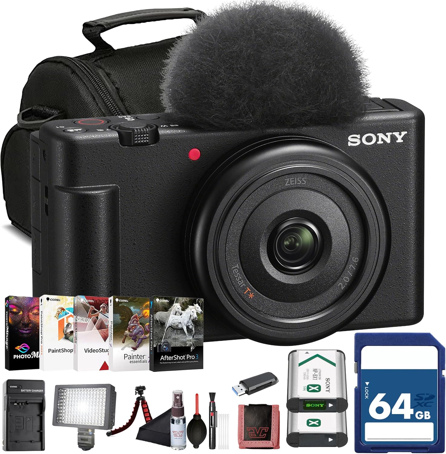 Sony ZV-1F Vlogging Camera (Black) 20.1 MP 1” Sensor | Ultra-Wide 20mm Lens |4K Video | Compact Creator Kit with Case, 64GB Card, NP-BX1 Battery, Card Reader, Photo Software, HDMI Cable and More