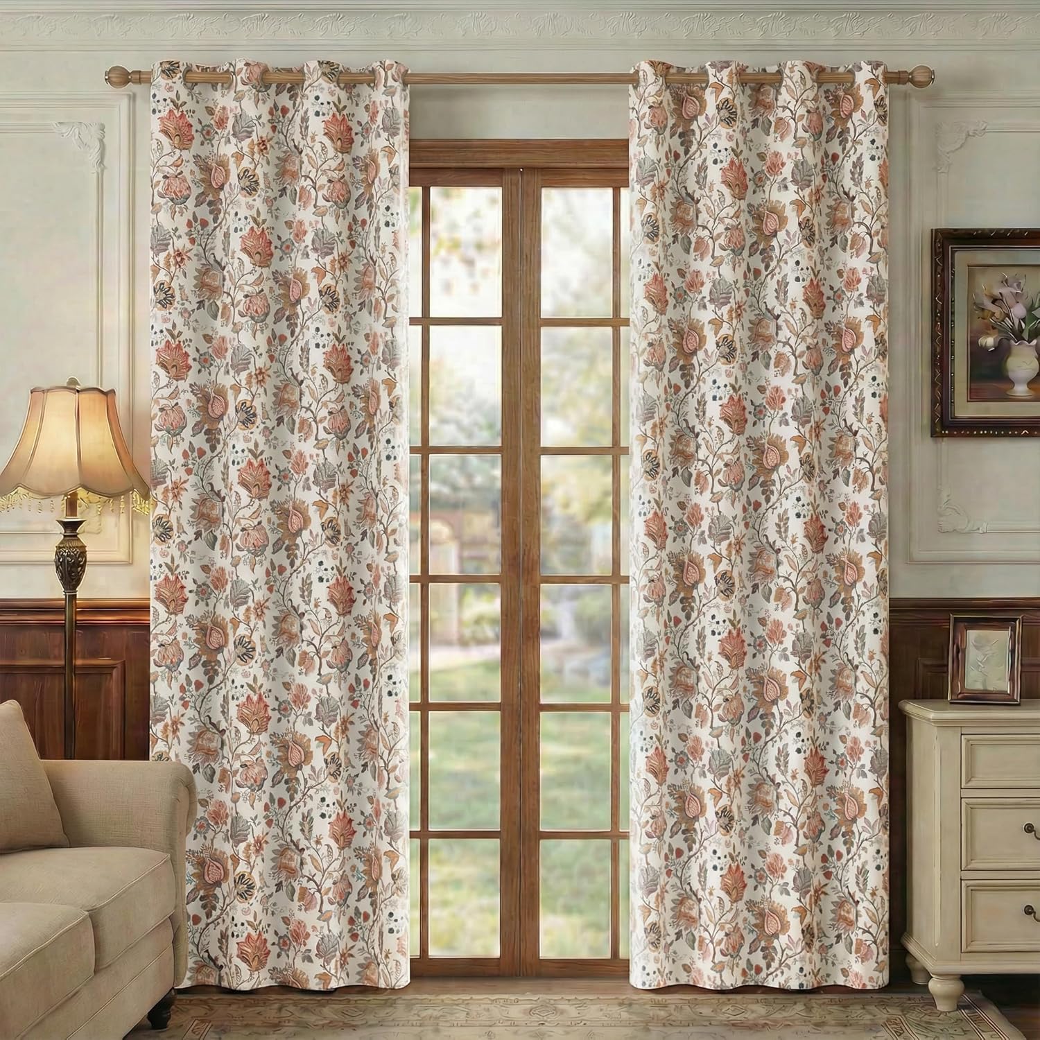 FMFUNCTEX 100% Boho Blackout Floral Curtains for Bedroom, Vintage Flower Patterned Beige Curtains 84 Inches Long for Living Room Darkening Thermal Insulated Grommet Window Farmhose Drapes 2 Panels