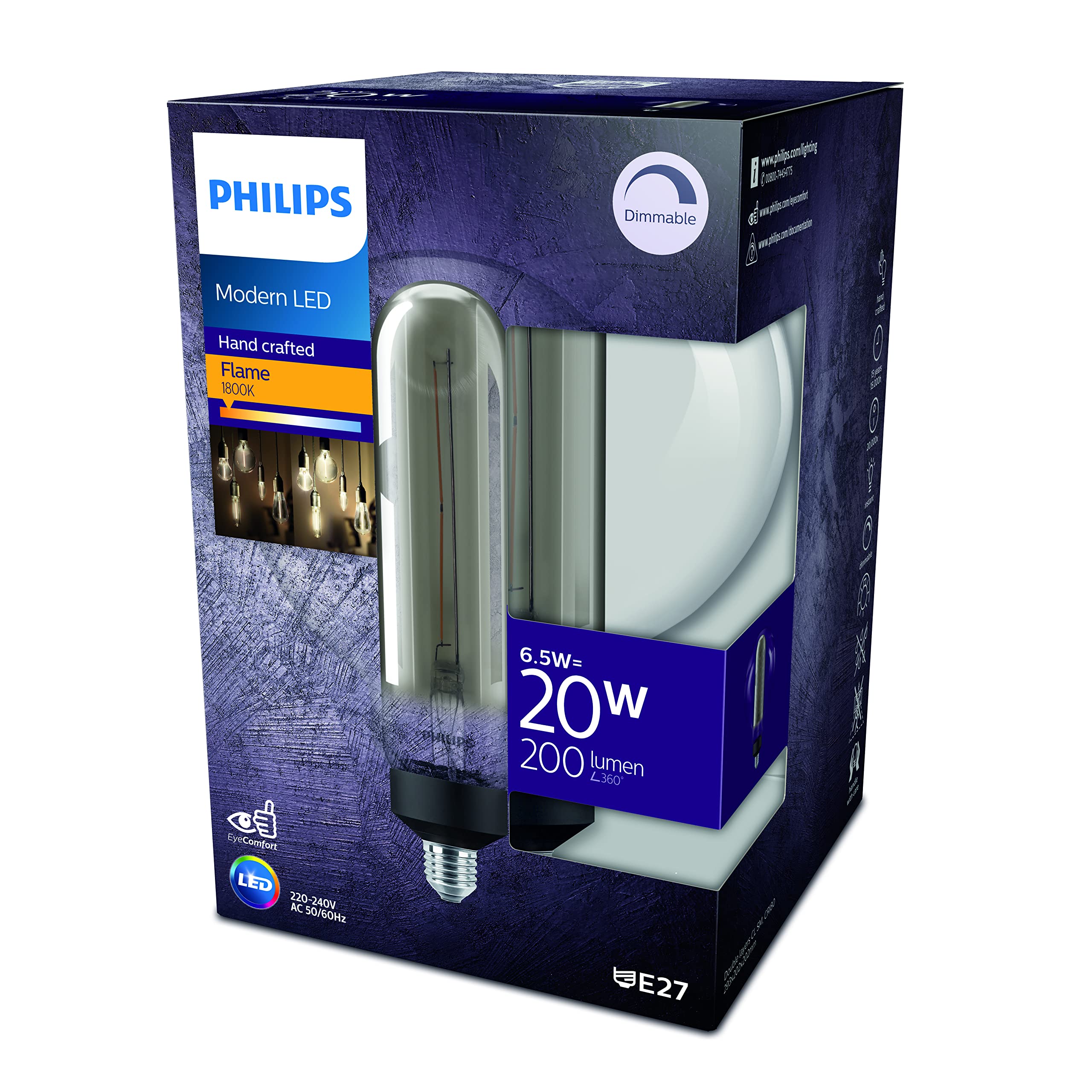 PHILIPS LED Lampadina, Globo, Flame, 6.5W-20WW, Dimmerabile, E27, 1 pezzo