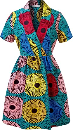 SHENBOLEN Women African Floral Print Dress Ankara Wax Short Sleeve Dresses