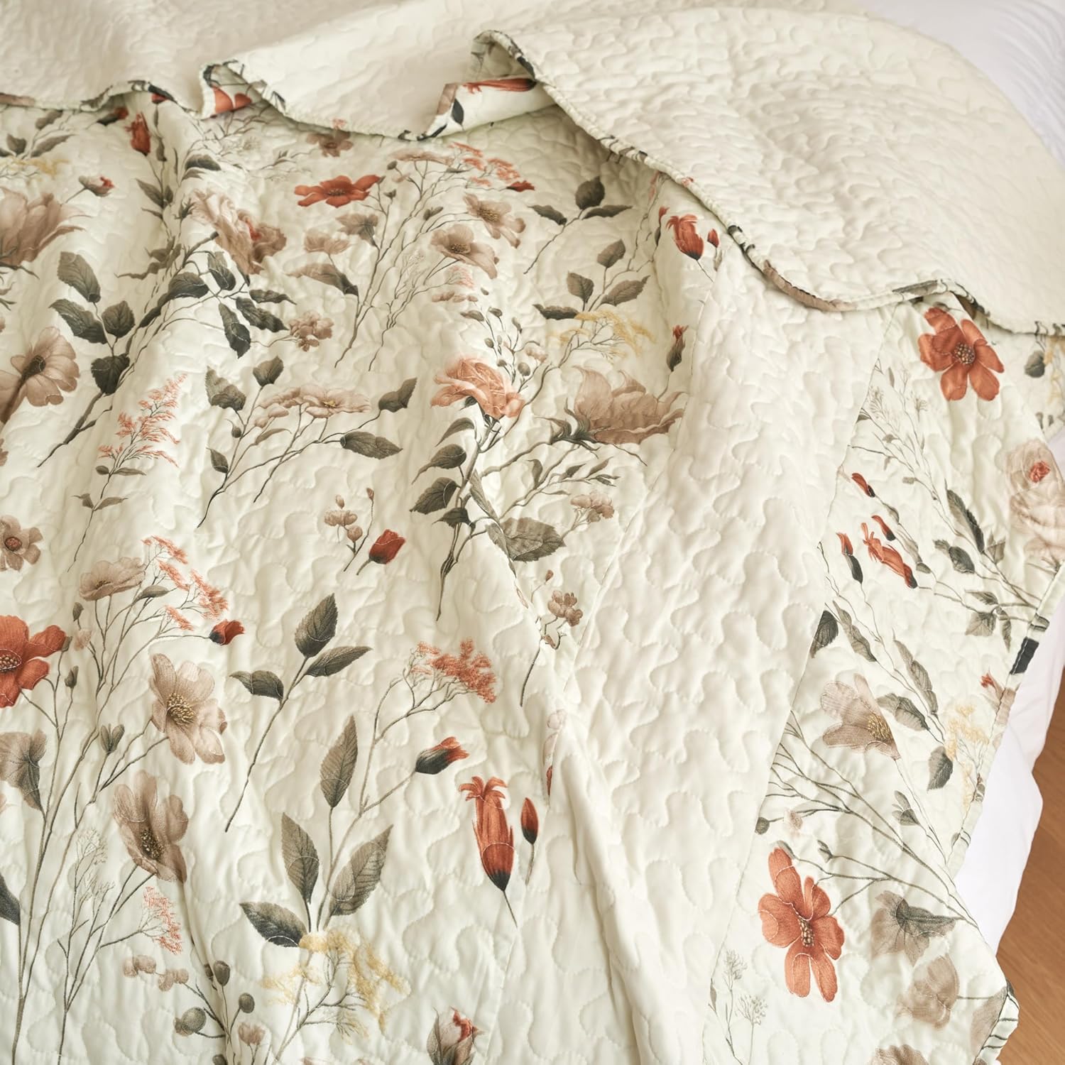 DaDalogy Enchanted Meadow Quilt Set - Victoria Garden Delicate Floral Symphony in Beige, Rose, and Soft Green, Luxuriously Soft Quilted Bedspread Set (California King Size) - Image 8