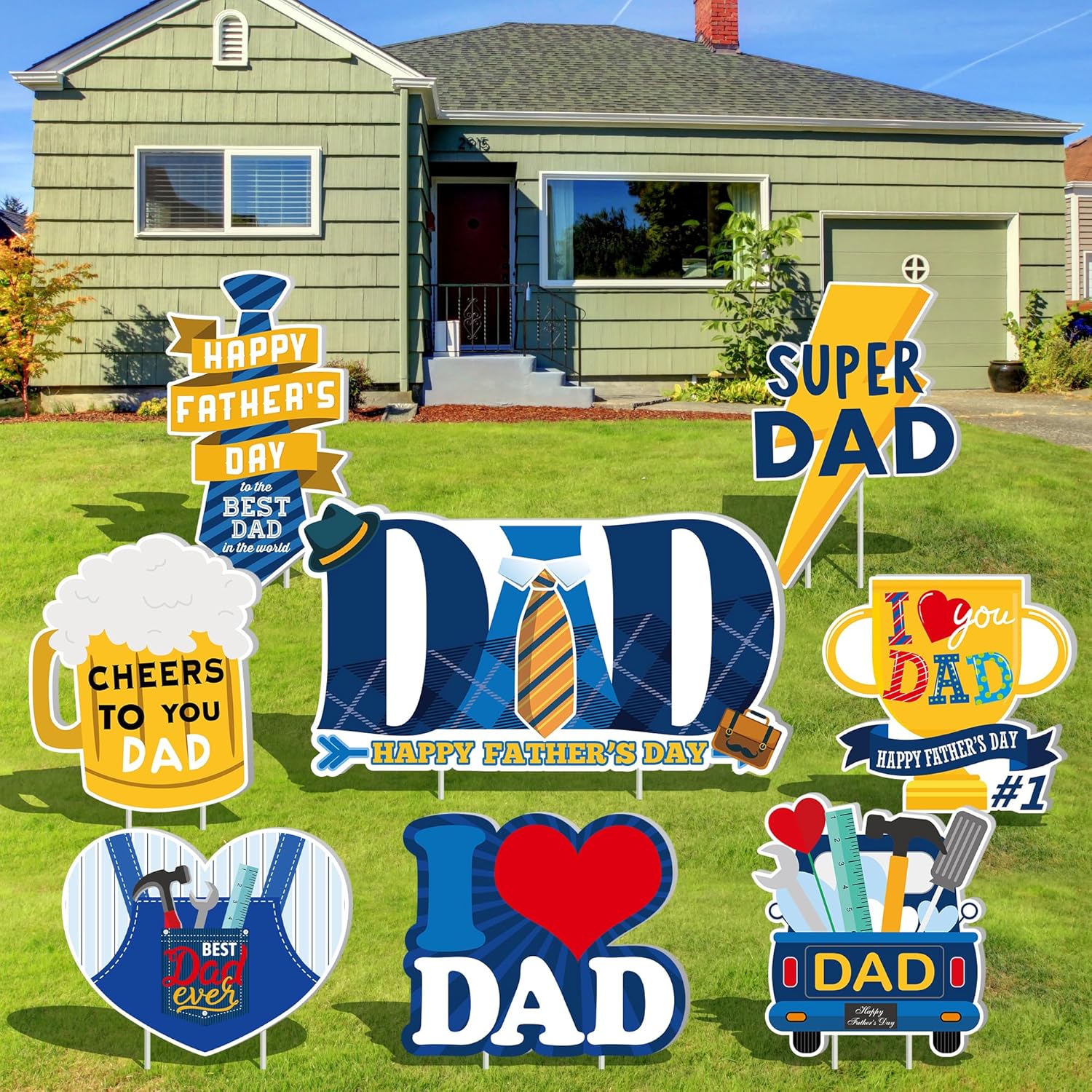 8 Packs Fathers Day Yard Signs, Father's Day Decorations Yard Signs with Stakes Waterproof Multiple Designs Father Day Plastic Lawn Signs, Photo Booth Props Suitable for Outdoor Yard Lawn Dad Birthday