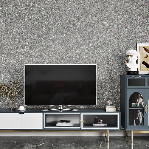 Miniatura 6 de WESTICK Papel tapiz adhesivo gris con purpurina para dormitorio, papel tapiz autoadhesivo con lentejuelas grises para dormitorio, papel tapiz de