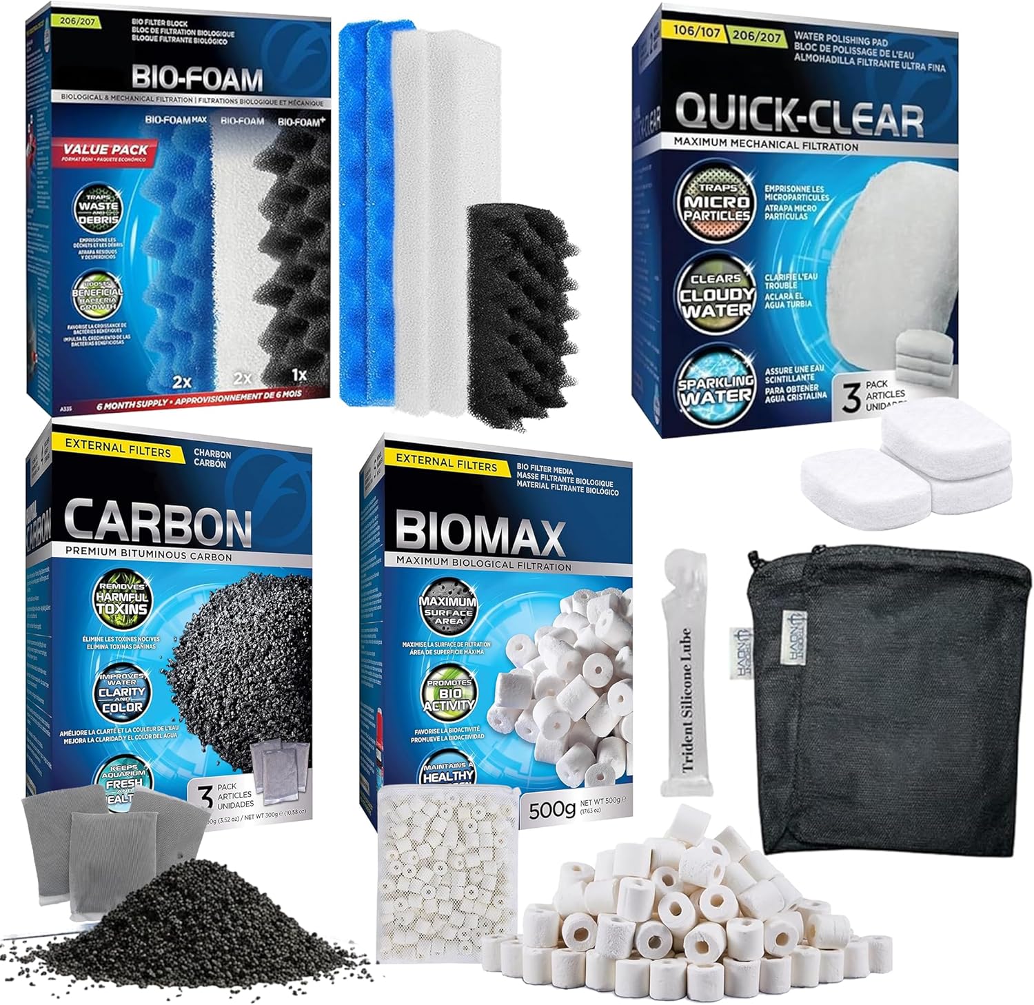 206/207 Filter Media Canister Filter Maintenance & Replacement Filter for Fluval Media Kit, Including Trident Nova Filter Media Bags (Quick Clear/Water Pads, BioFoam, Carbon, Biomax)