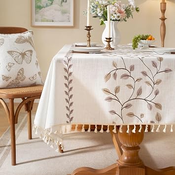 Laolitou Table Cloth Rectangle, Embroidery Heavy Duty Cotton Linen Tablecloth, Farmhouse Rustic Waterproof Wrinkle Free Tablecloths with Tassels, Coffee Vine, 5590 Inch
