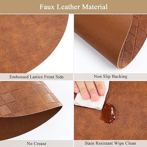 Miniatura 4 de SHACOS Juego de 4 manteles individuales redondos con posavasos, lavables, a prueba de fugas, de piel sintética, de 13 pulgadas, de vinilo sintético,