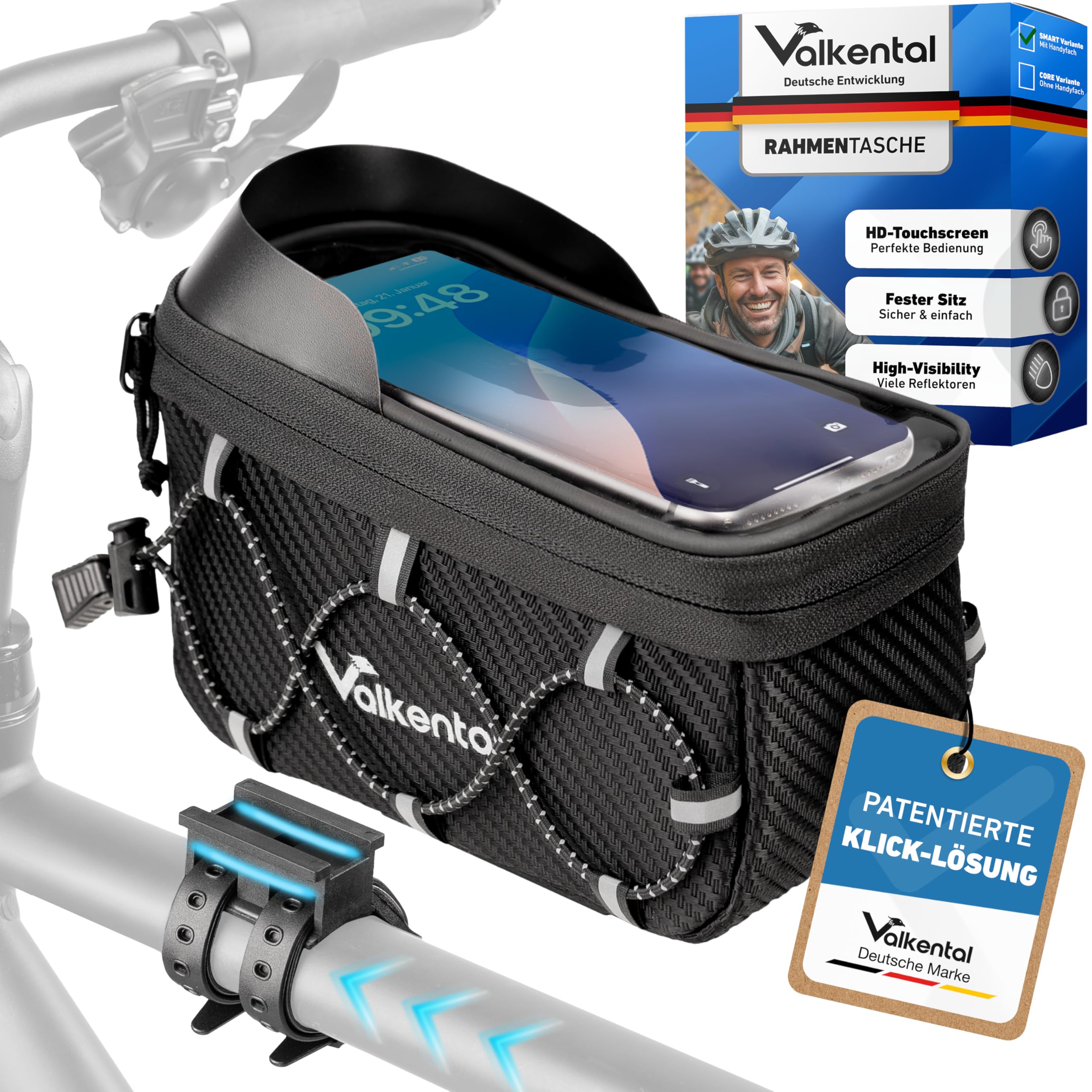Valkental® Fahrrad Rahmentasche [Innovativer Adapter] Wasserfeste Oberrohrtasche mit Schnellspanner für Ebike, Rennrad & MTB [Viel Platz] Fahrradtasche Rahmen Handy – Handytasche mit sensibler Folie