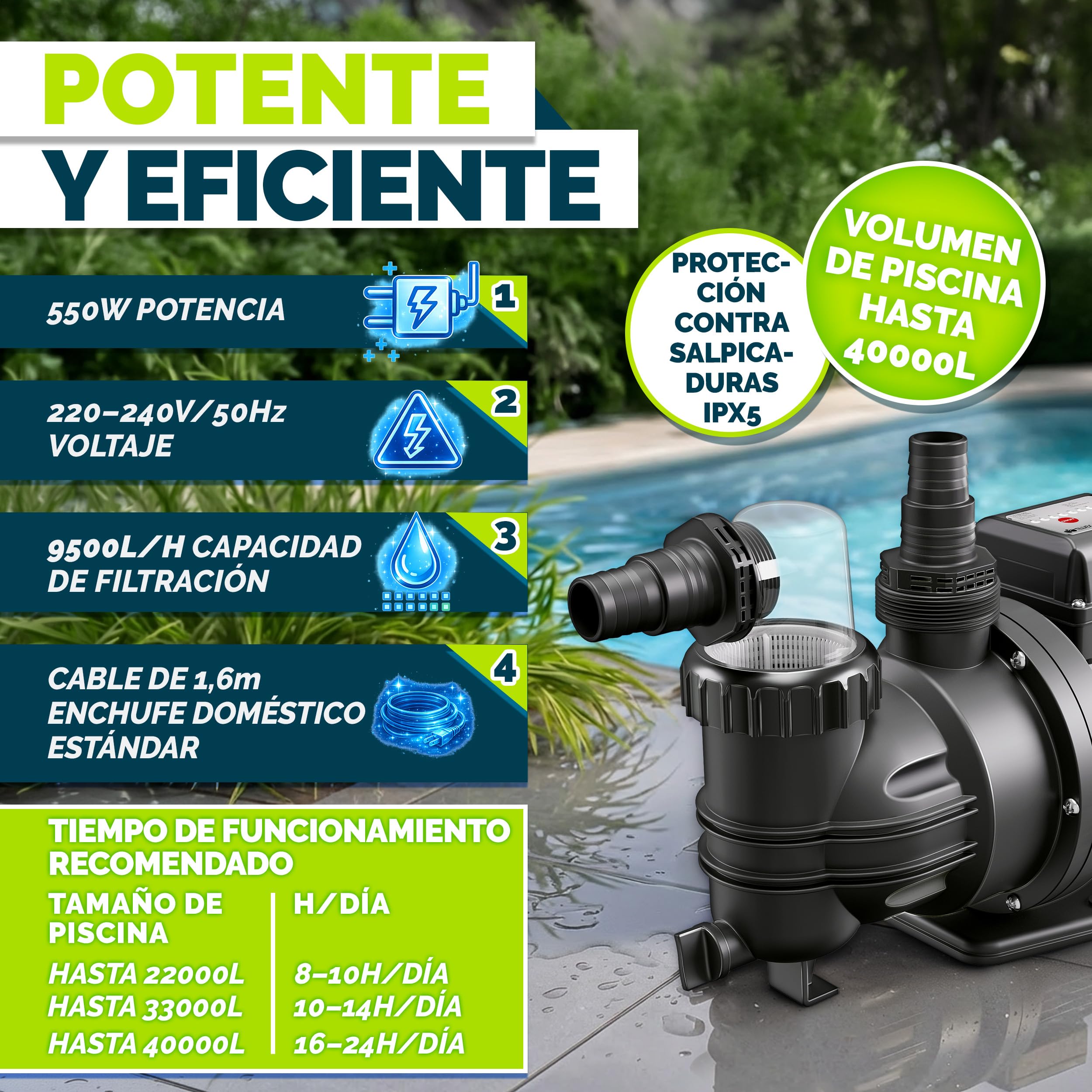 tillvex® Bomba de filtro piscina con temporizador 9 500 L/h & 550 W | Altura de impulsión máx. 10 m | Bomba de circulación para piscinas 40 m³ | Autoaspirante piscina desmontable & spa con prefiltro