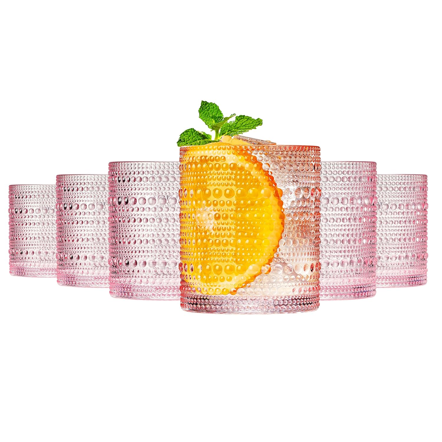 Khen Hobnail Beaded Highball Drinking Tumbler Glasses Set of 6 Pastel Pink Color Vintage Bubble Design Whiskey Glassware