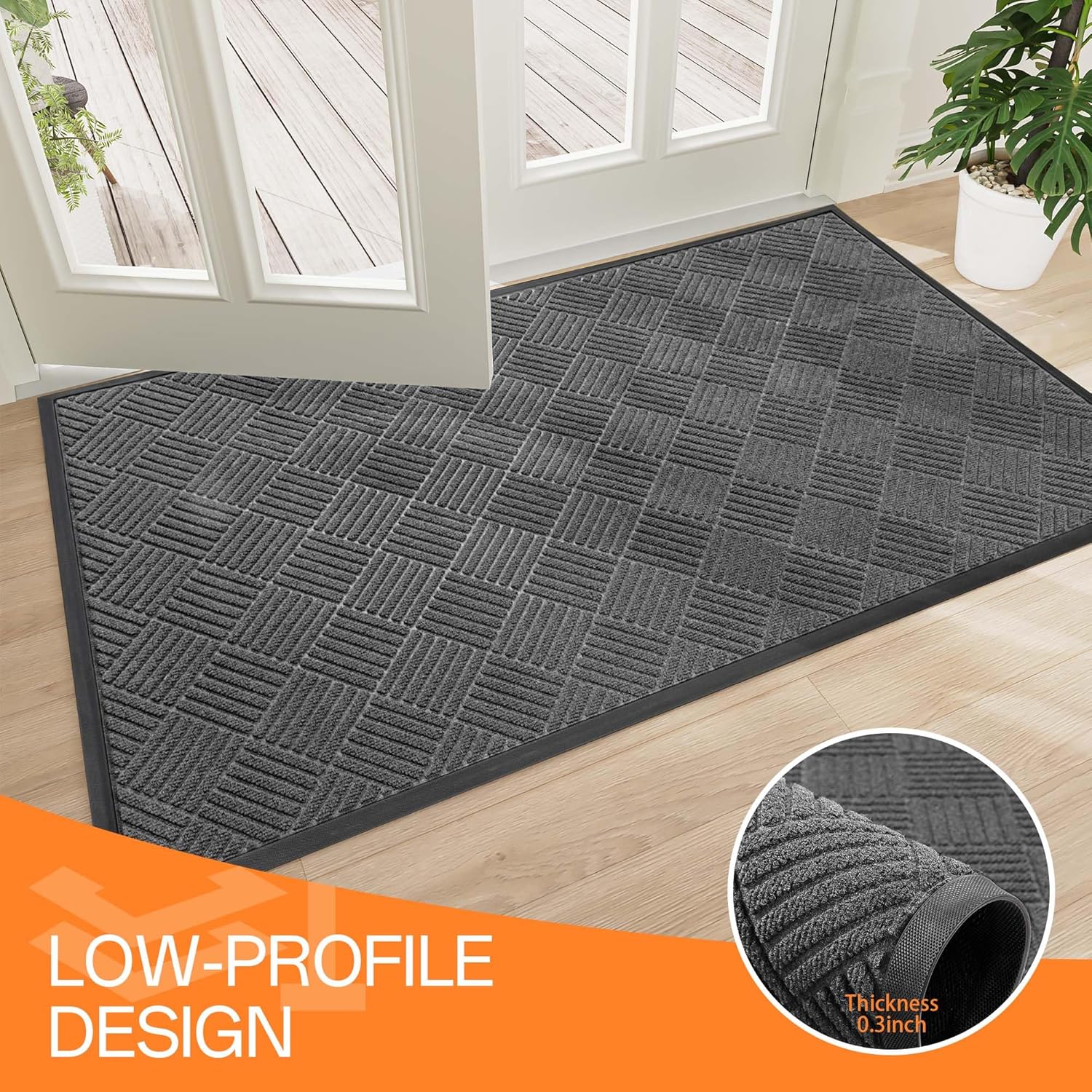 Indoor Outdoor Door Mat, 6’x 3' Doormat for Entryway, Rubber Backing Non Slip Front Door Mat Outside Entrance, Super Absorbent Commercial Floor Mat for Home Office, Gray