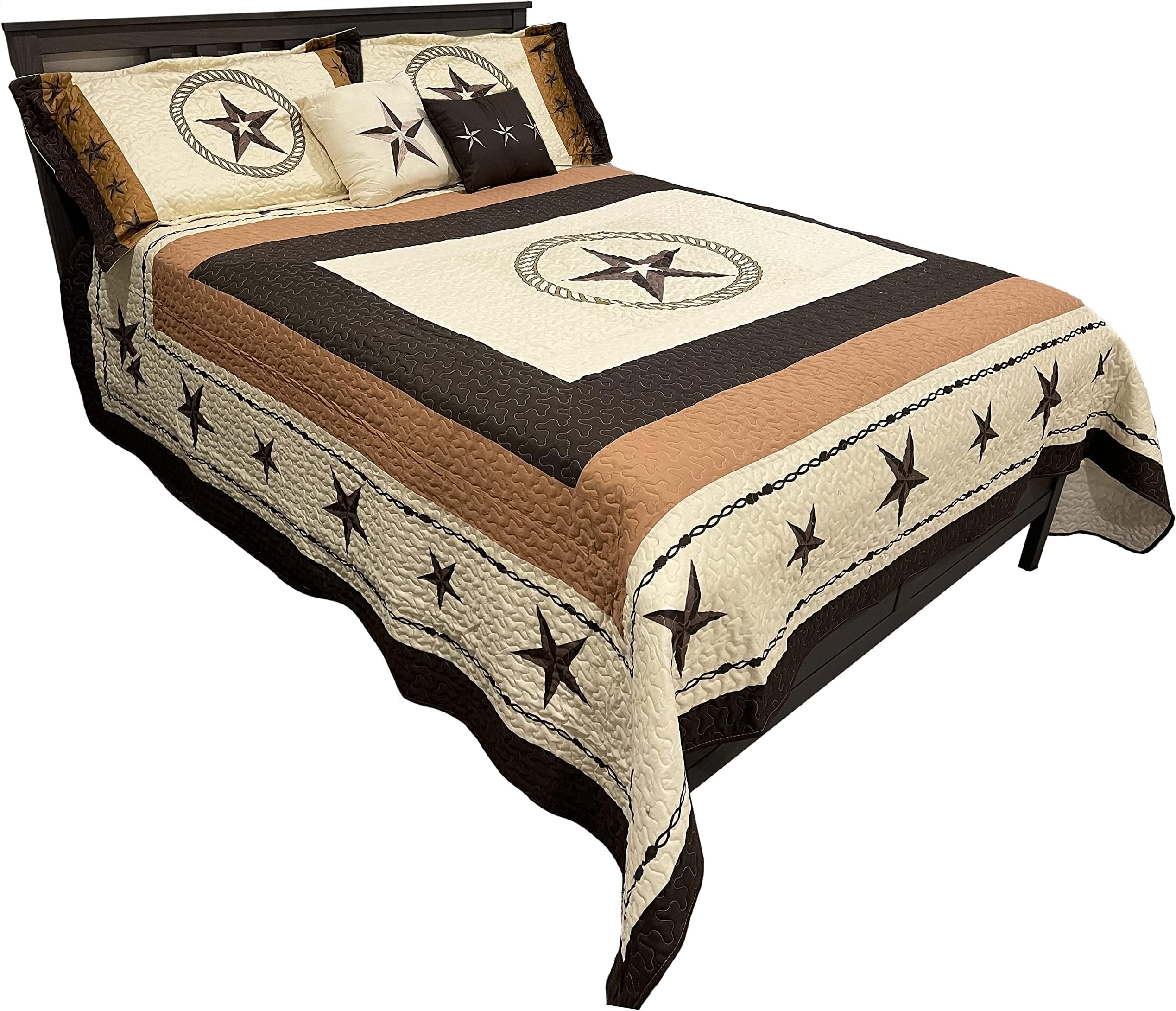Western Collection New 5 Pieces Western Stars and Horses Cowboy Luxury Home Quilt Bedspread Oversize Comforter with Cushions (King, Beige Lone Star)