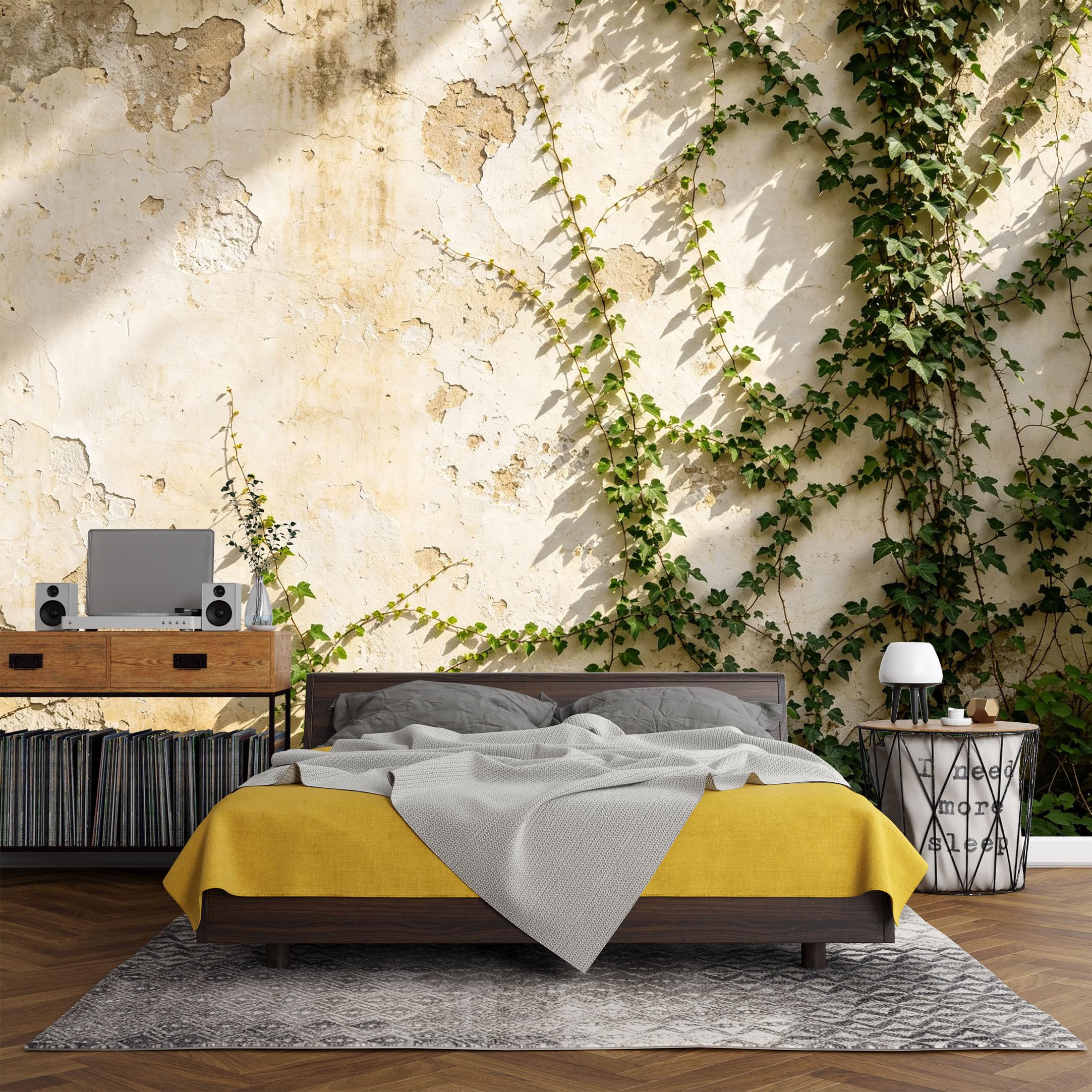 Custom Size Wall Mural， Botanical Ivy Vines Textured Rustic Wall Art Natural Green Leaves，SelfAdhesive Art Prints wall Fabric (No PVC) Removable Wallpaper Living Room Decor