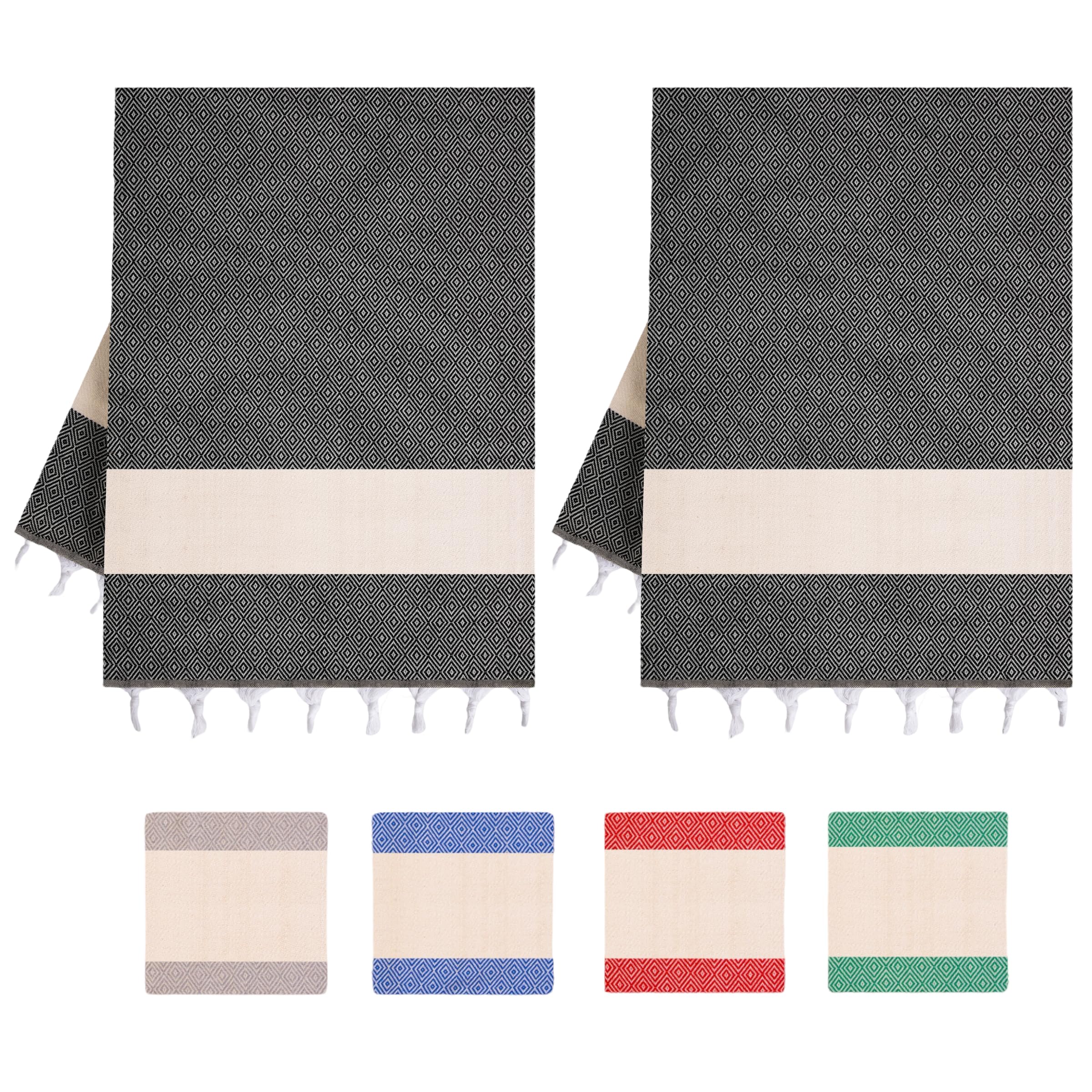 Lot de 2 serviettes de hammam et de sauna, serviette de bain Pestemal Fouta de qualité supérieure, élégante, serviette de plage Pestemal, design coloré et élégant (noir, lot de 2)