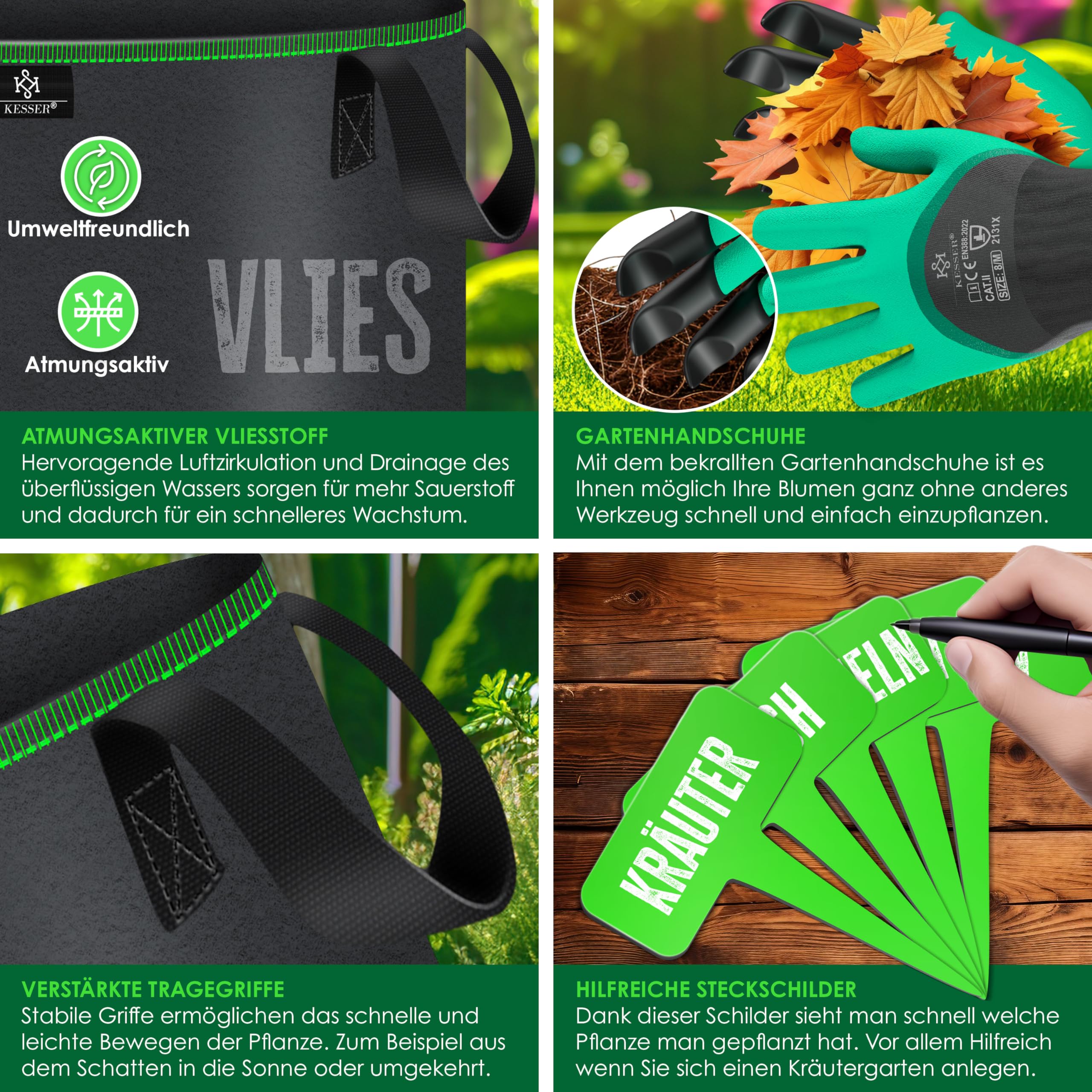 KESSER® Bolsa de Plantación 190 litros - 4er Set | Bolsas de Plantación de Tela no Tejida Incl. Etiqueta y Guantes de Jardín | Bolsa de Plantación de Patatas con Ventana y Asas - Negro